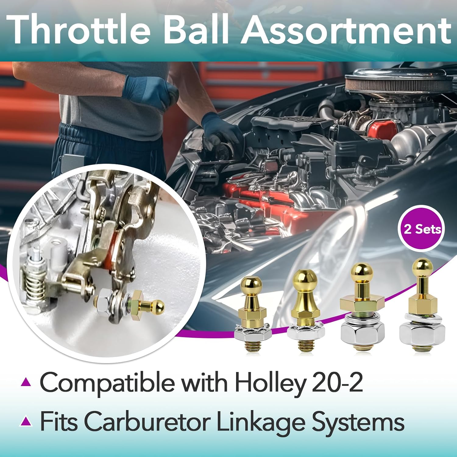 2 Sets Carburetor Throttle Ball Assortment Compatible with Holley 20-2, Heavy-Duty Steel Throttle Cable Ball Stud Kit for Carburetor Linkage & Control, Corrosion-resistant