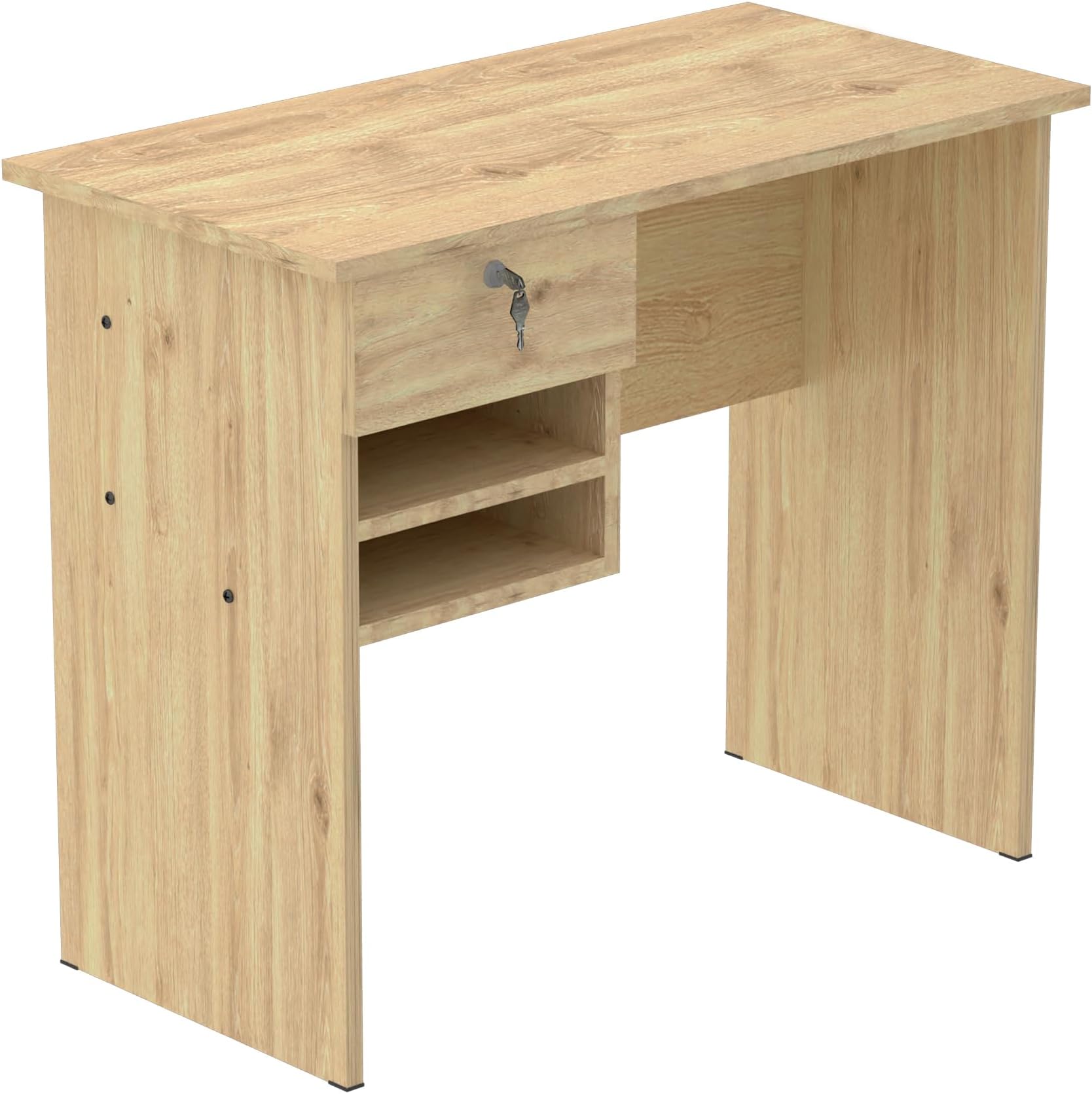 Mahmayi MP1-9045 Solama Functional Office Desk with 2 Paper Racks and Lockable Drawer - Efficient Workspace Solution for Organized and Secure Office Management (Oak)