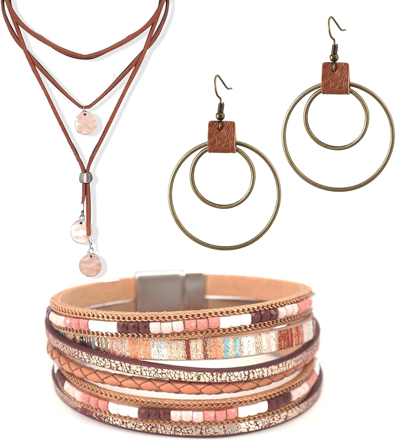Bohemian jewelry set with necklace, earrings, and bracelet for women