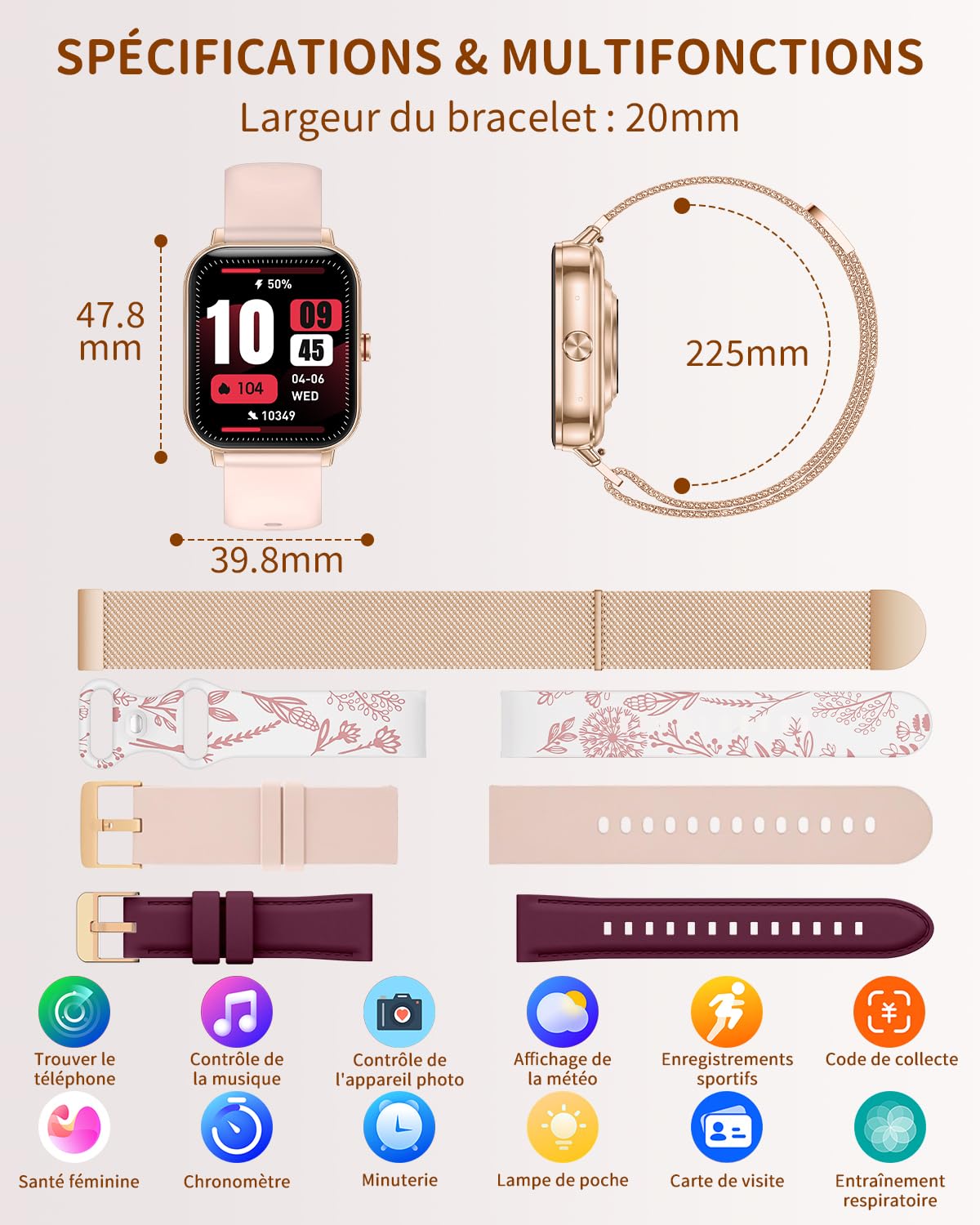Montre Connectée Femme avec Appel 4 Bracelets Autonomie 20 Jours 1,85" Smartwatch Femme pour Samsung iPhone Android Montre Intelligente Podomètre Fréquence Cardiaque SpO2 Sommeil 100+ Sportifs