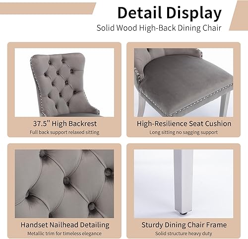 Miniatura 5 de Juego de 2 sillas de comedor tapizadas de lujo, sillas de cocina beige con patas de metal plateado, silla de comedor con respaldo copetudo de