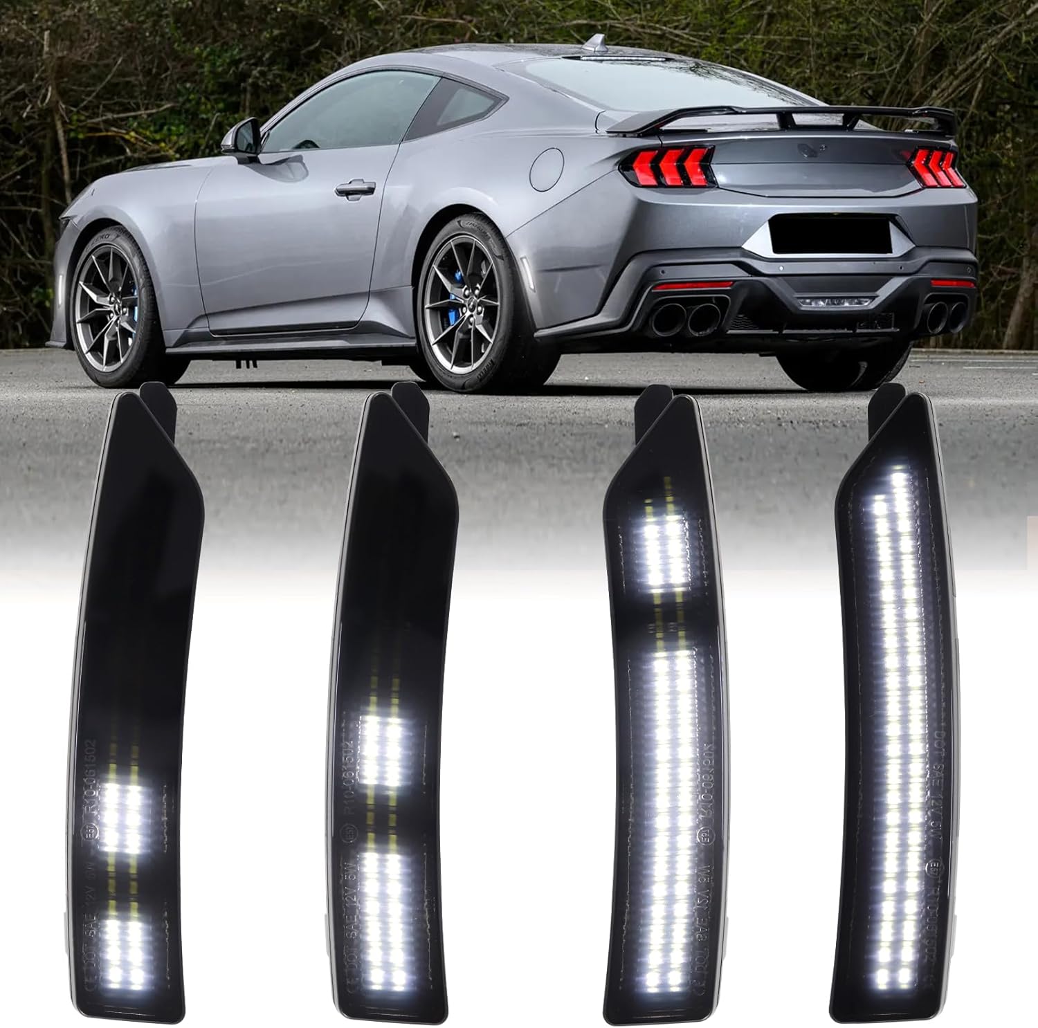 Dynamic White & Red LED Side Marker Lights for 2024 2025 Ford Mustang S650 GT GTD Dark Horse EcoBoost Sequential Scan Front Rear Fender Bumper Sidemarker Lights With Smoked Lens 4pcs