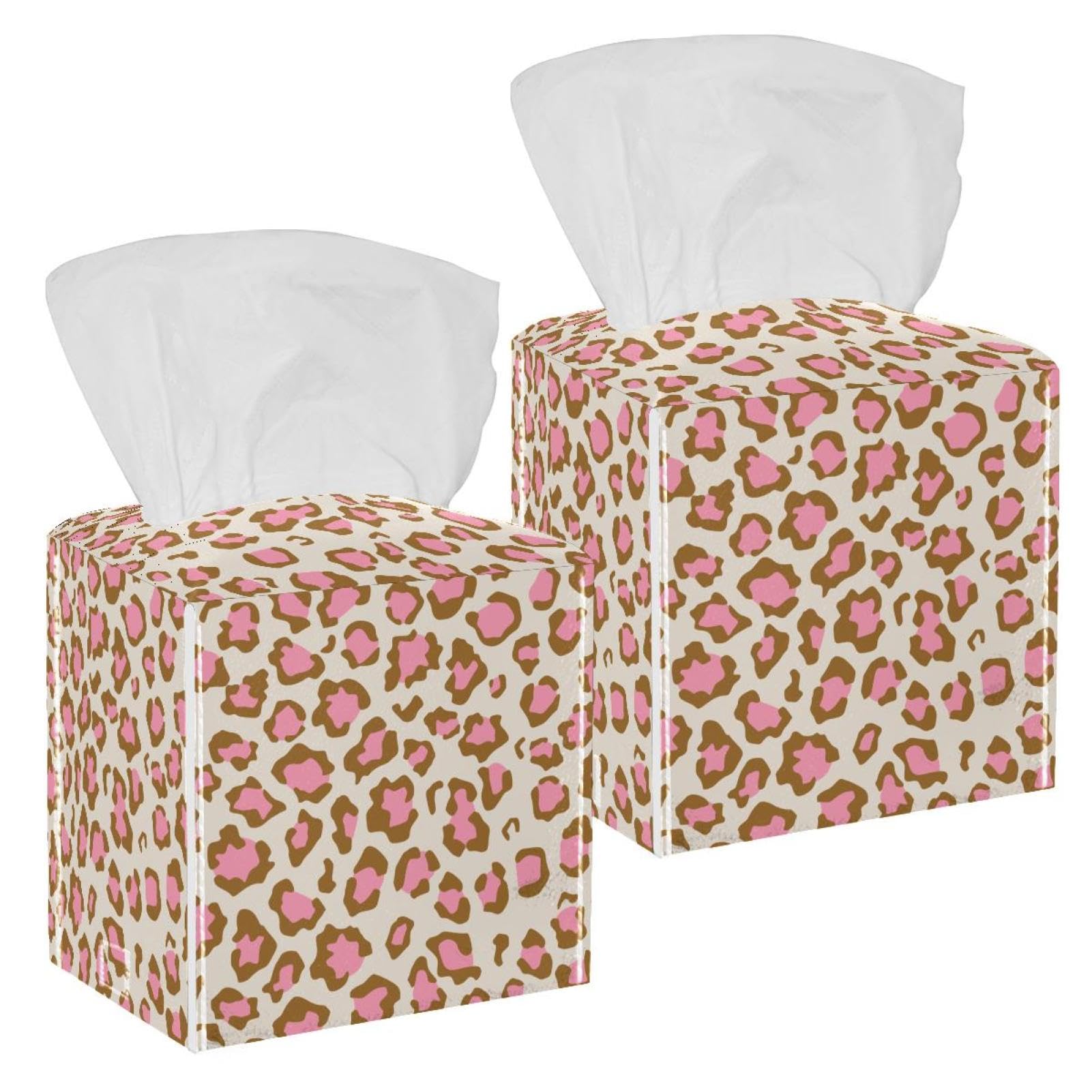 2 Pack Leopard Pattern Tissue Box Cover Holder Square Tissue Foldable Cube Cover PU Leather Tissue Organizer with Bottom Belt for Bathroom, Tabletop, Car, Night Stands, Office