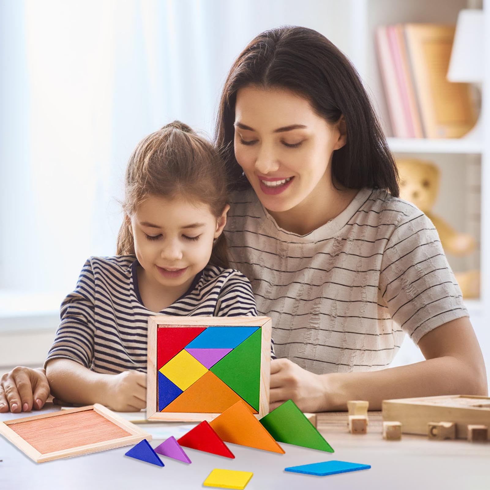 Tangram Gioco di pensiero – Set di mattoncini da costruzione in legno da 40 g, attività di apprendimento geometrico, puzzle per l'educazione precoce, gioco per casa, viaggi, vacanze, campeggio