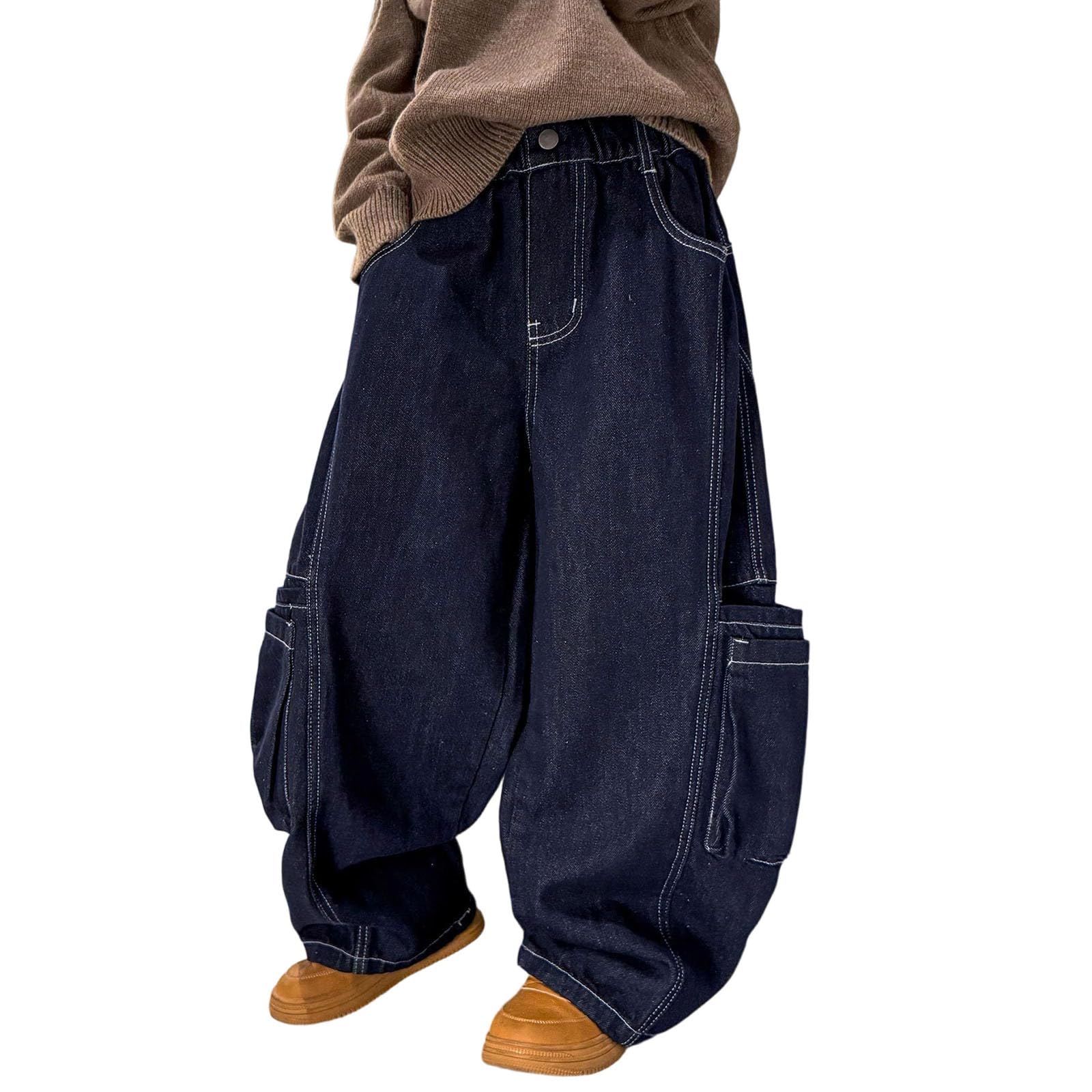 Pantalones Vaqueros Cargo para niños Grandes, de Invierno, con Forro Polar, de Pierna Ancha, Informales y cálidos, para Clima frío.#g