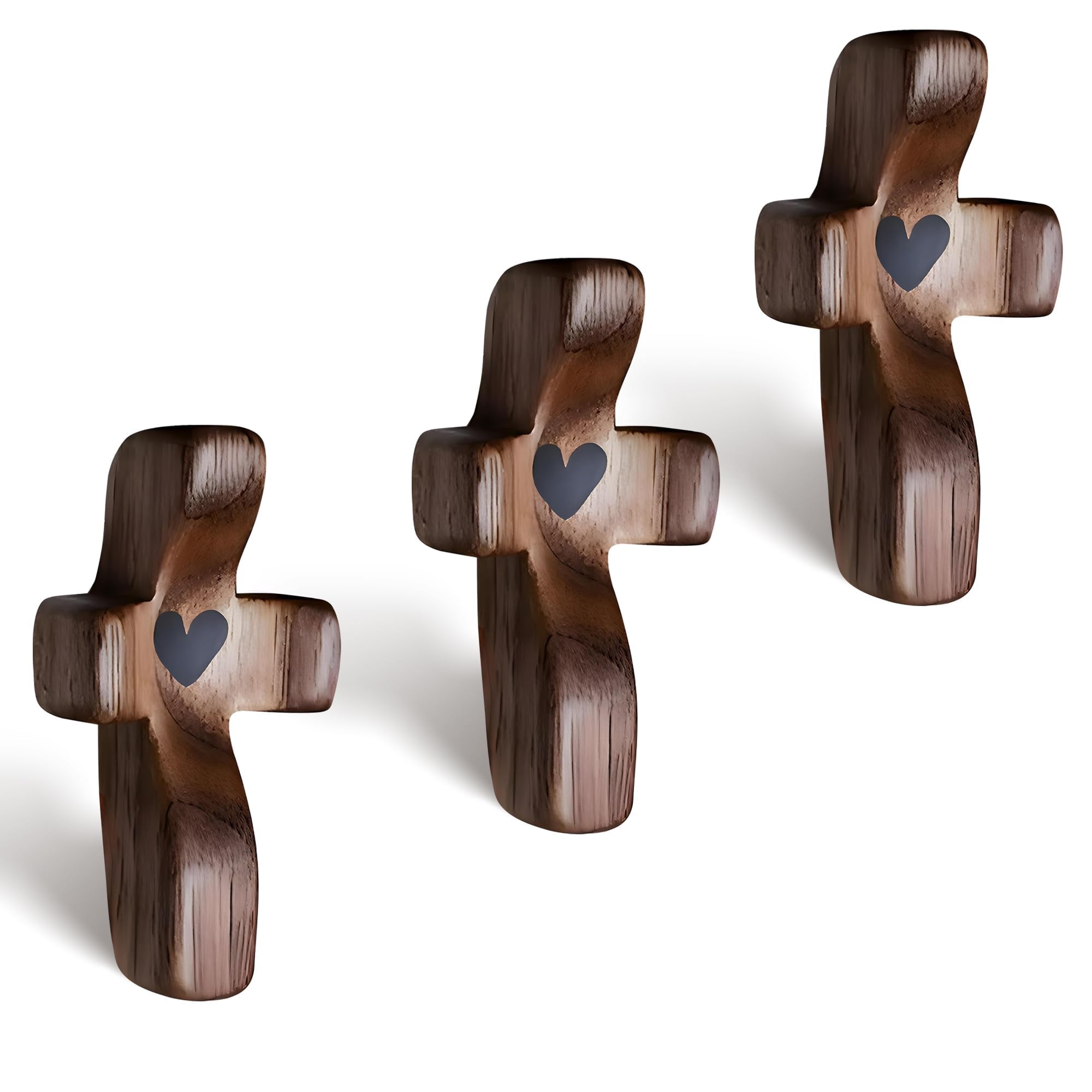 Cross My Heart Wooden Cross Encouragement Gift Stress Relief Christian Gifts Handheld Wooden Protection Crosses with Epoxy Heart for Children and Adults (3PCS)