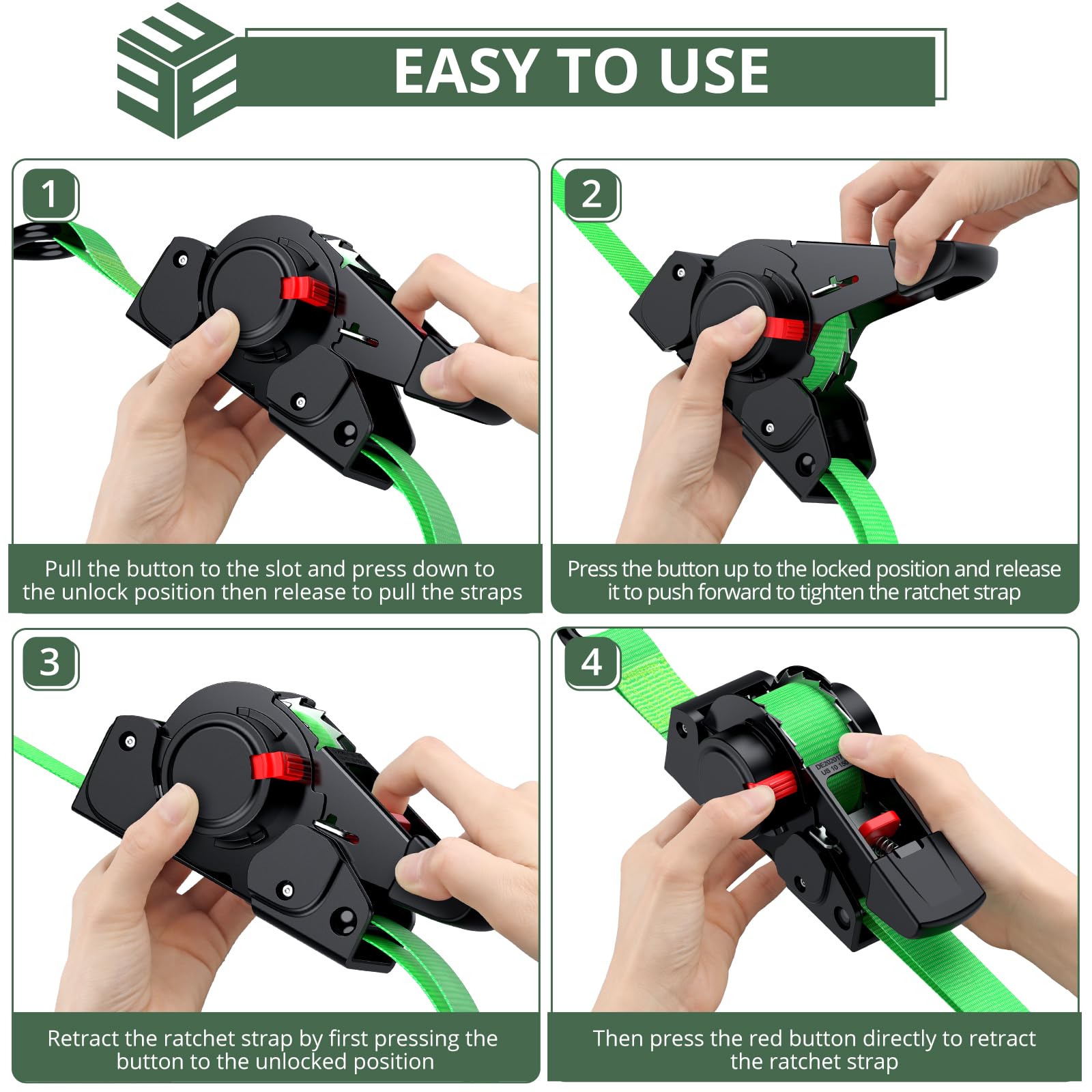 EYPINS Correas retráctiles de Amarre de trinquete (Paquete de 4) – 3,5 m de Longitud, 640 kg de Resistencia a la Rotura, Mecanismo de retracción automática, Ganchos en S con Bloqueo de Resorte y Asas