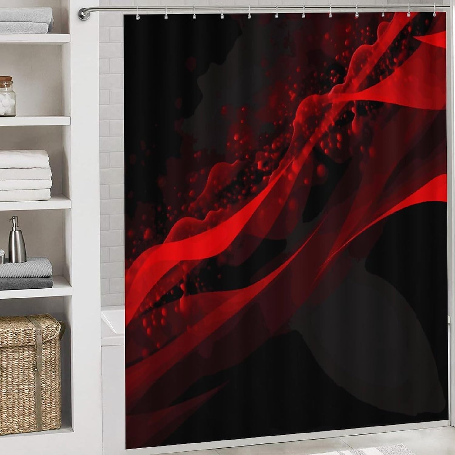 Black and Red Background Shower Curtain Set 4 Piece, Non-Slip Bath Mat with Toilet Lid Cover and Waterproof Shower Curtain with 12 Hooks, Complete Bathroom Set for Home Decor