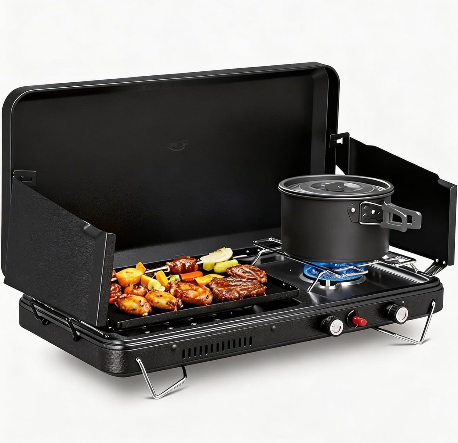 Bonnlo 2-in-1 Camping Stove with Propane Griddle, 15000 BTU Portable Gas Stove with Auto-Ignition, Foldable Windshield & Carry Handle, Camp Stove for Outdoor Cooking, BBQ, Frying, Camping, Tailgating