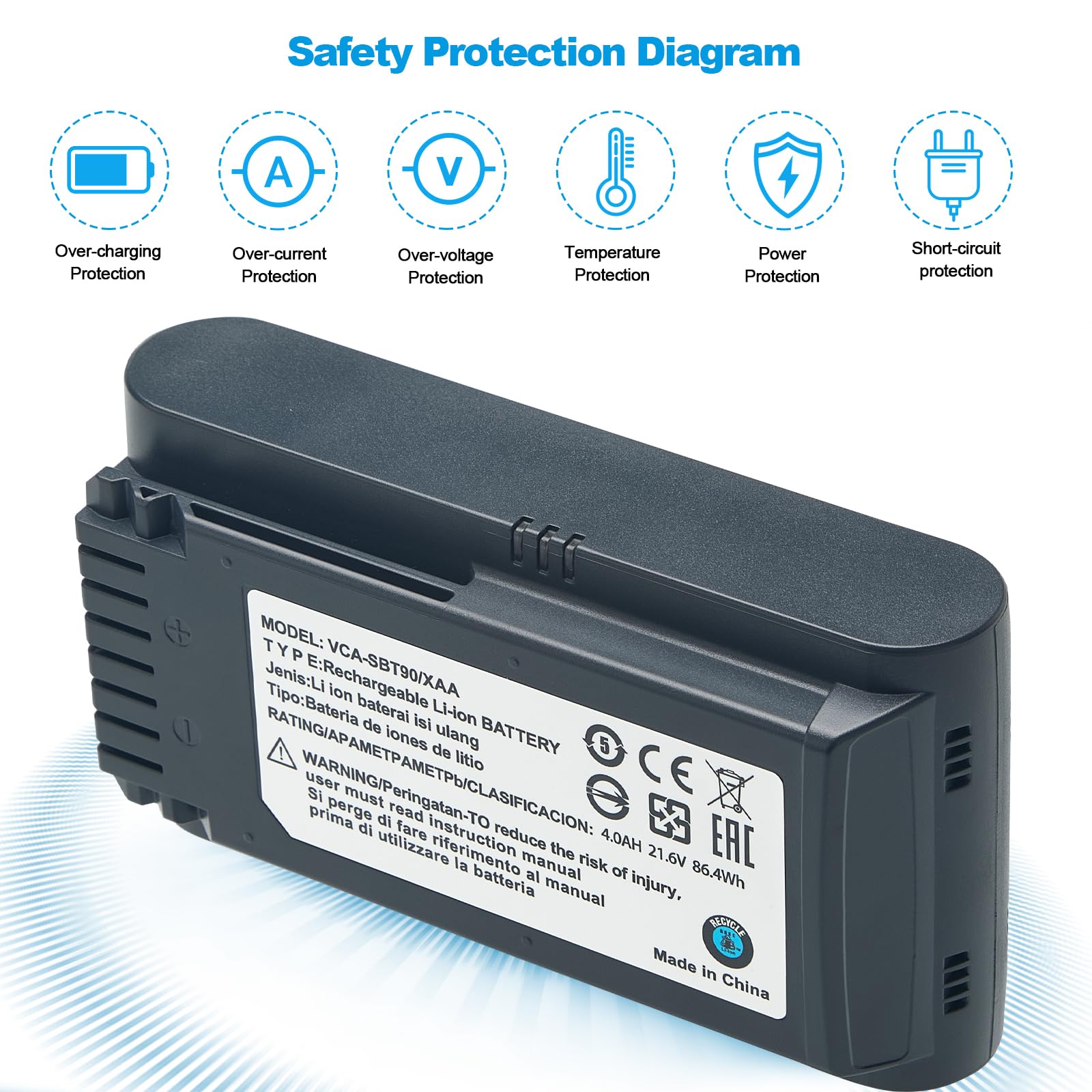 Batería de repuesto de 4,0 Ah para aspiradoras de batería Samsung Jet 60, Jet 70, 75, 75+ y Jet 90/90+, compatible con los modelos VCA-SBTA60, VCA-SBT90 y VCA-SBT90EB