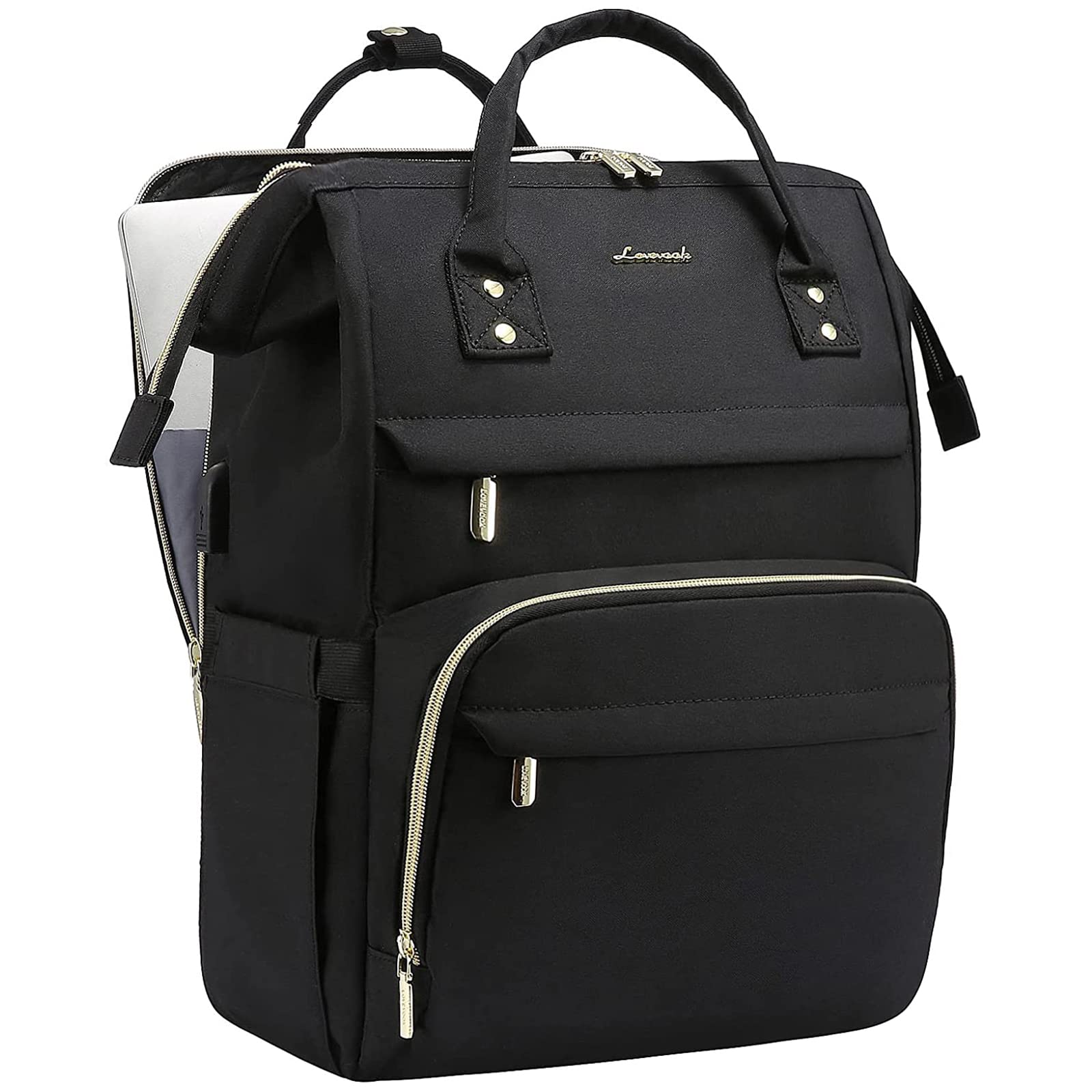 LOVEVOOK Rucksack Damen, Wasserdichte Laptoprucksack 17 Zoll mit getrenntem Laptopfach, Groß Schulrucksack Schultasche, für Arbeit Uni Lehrer Business Büro, Schwarz