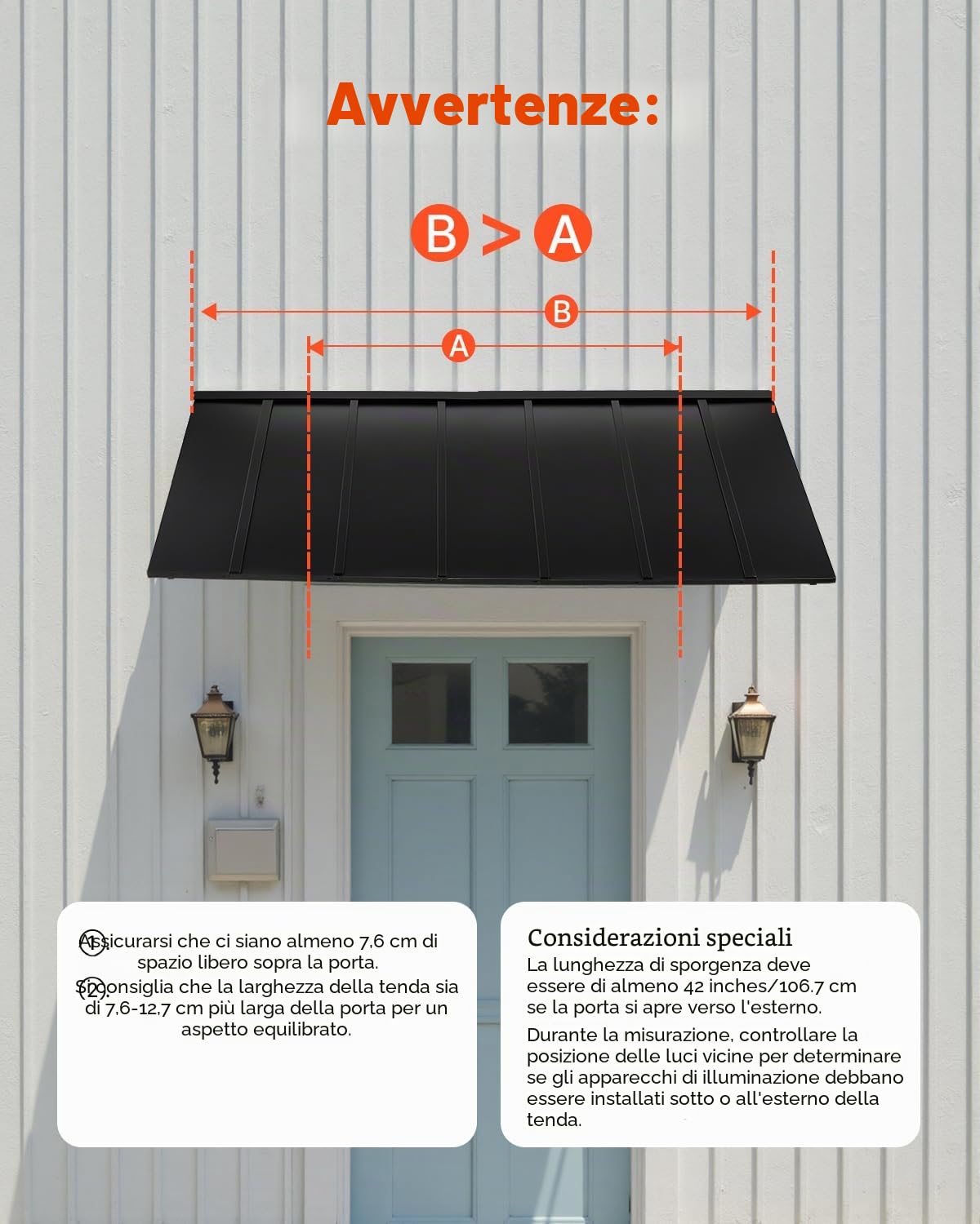 VEVOR Pensilina per Finestra Porta da 2032 x 910 mm Tettoia per Porta Ingresso, Acciaio Verniciato a Polvere Antiruggine, Pensilina per Patio Esterno, per Protezione da Pioggia, Neve e Luce Solare