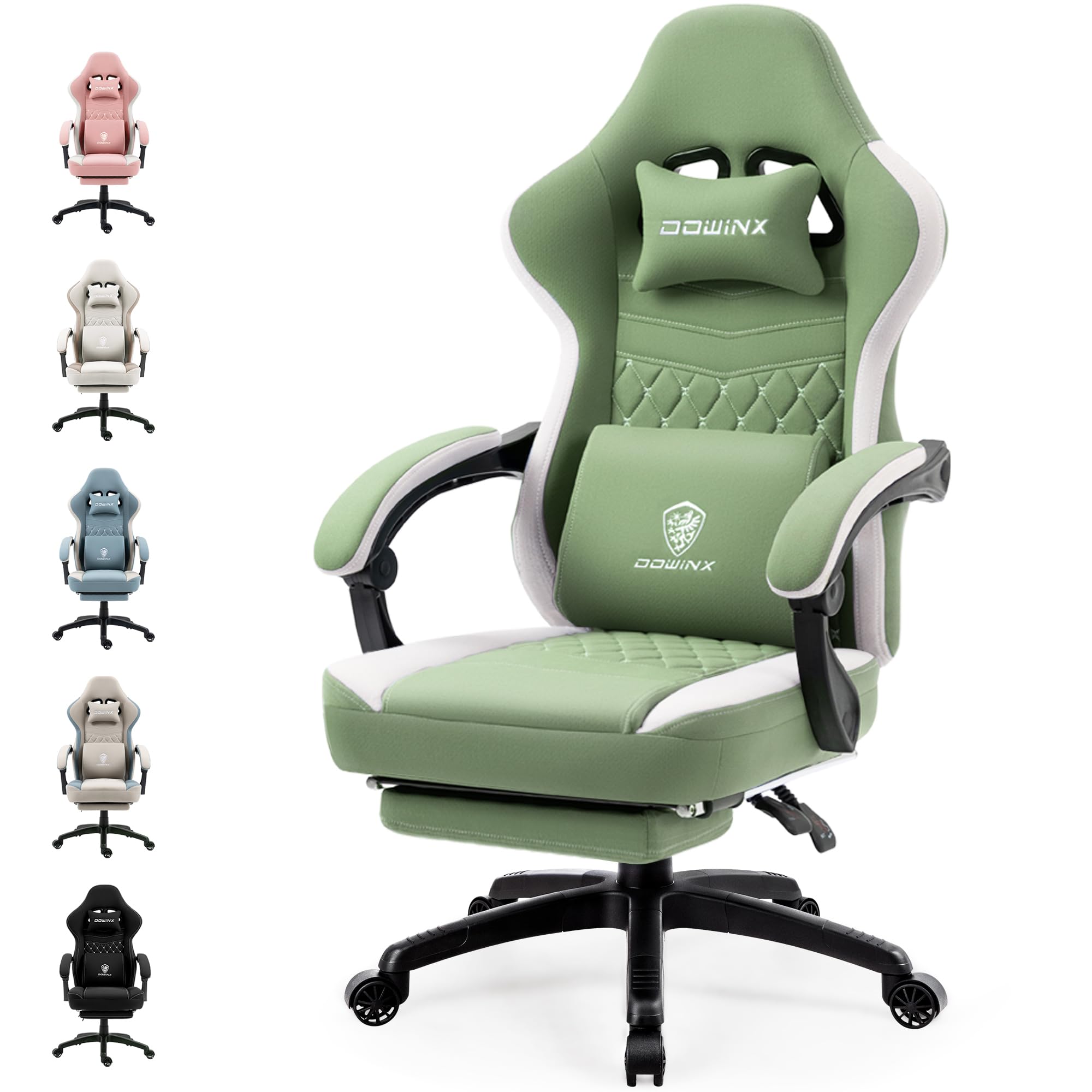 Dowinx Silla de Gaming de Tela con cojín de muelles ensacados, sillón de Masaje con reposapiés, Silla ergonómica de PC, Silla de Oficina, 150 kg,Verde