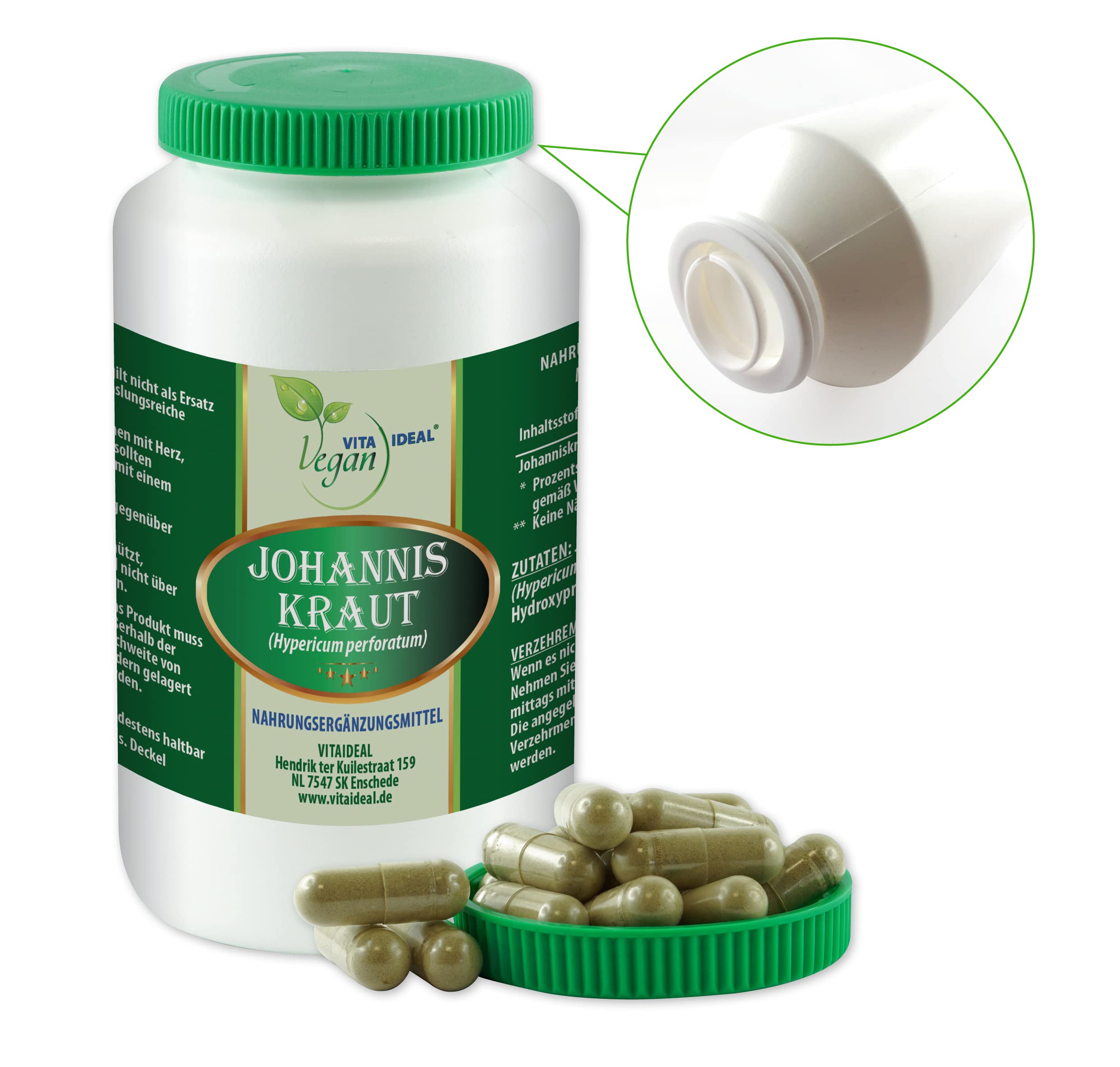 VITA IDEAL Vegan® JOHANNIS - Kraut 360 KAPSELN - Hypericum perforatum - Tagesportion 750mg JOHANNISKRAUT reines Pulver. Pflanzlich, natürlich & ohne Zusatzstoffe.