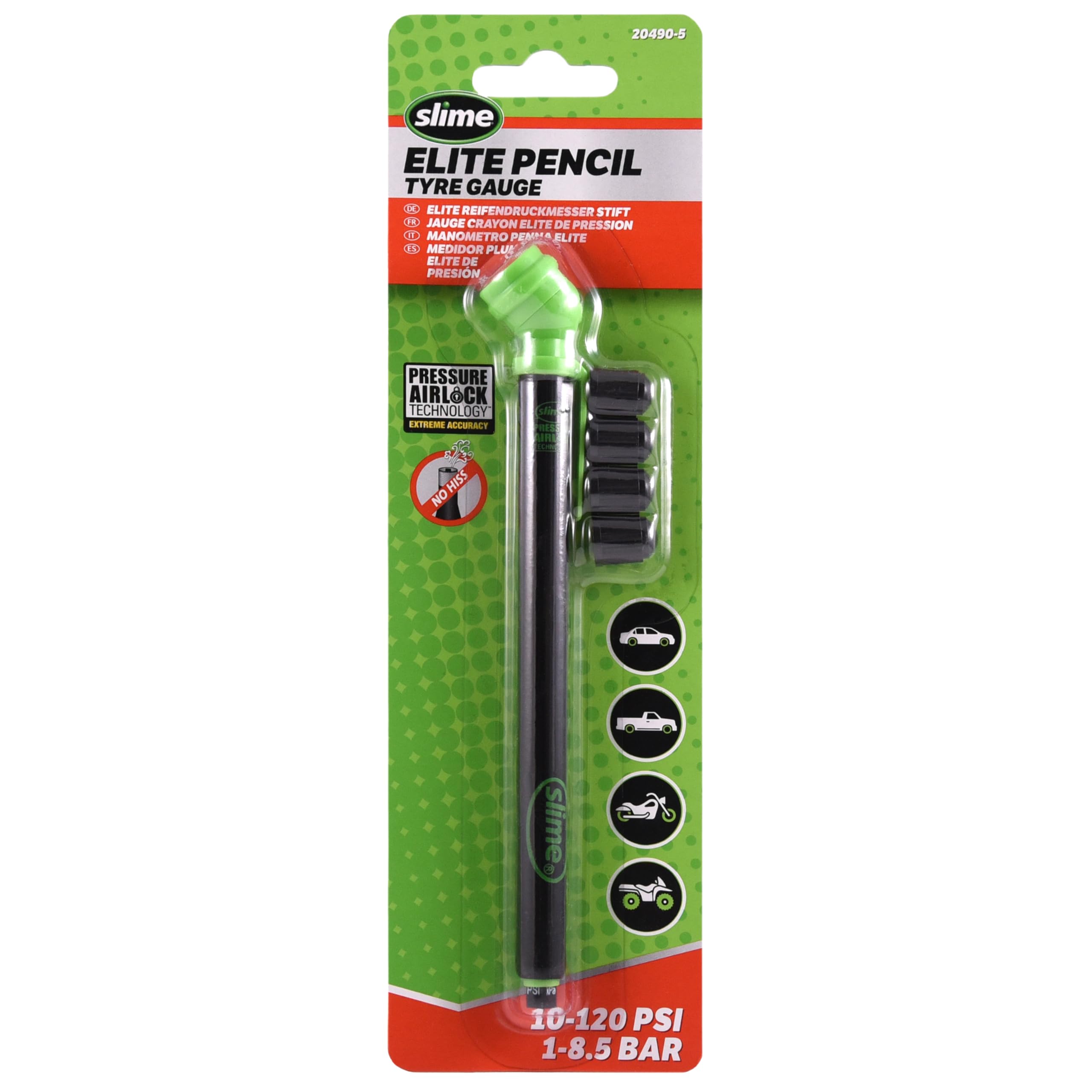 Slime 20490-5 Tire Gauge, Elite Pencil, Air Lock Technology, 10-120 PSI