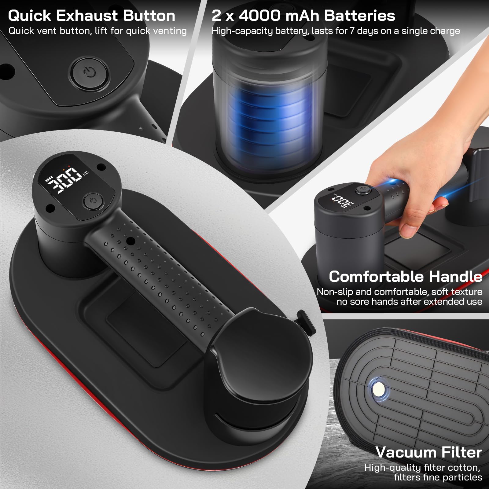 Ventose per Piastrelle, Ventosa a Batteria, Ventose per Piastrelle, Vetro, Marmo con Display LCD, 2 Motori da 4500 mAh, 300kg Potenza di Aspirazione, Maglione Sudorato per Superfici Ruvide (Blu)