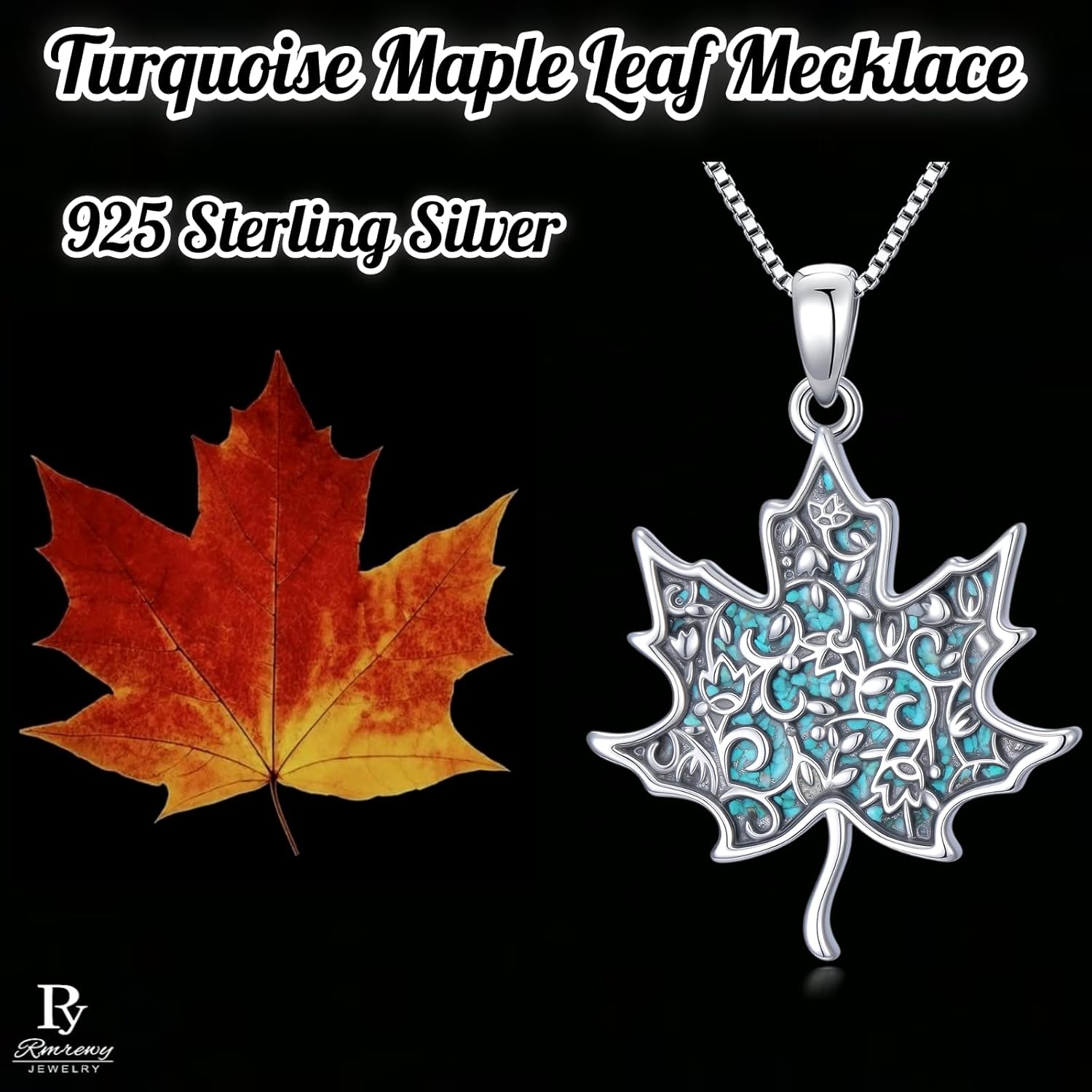RMREWY Genuine Turquoise Maple Leaf Pendant Necklace,925 Sterling Silver Native American Boho Western Pendant Real Gemstone Jewelry Birthdays Gift for Women Nature Lover - Image 7