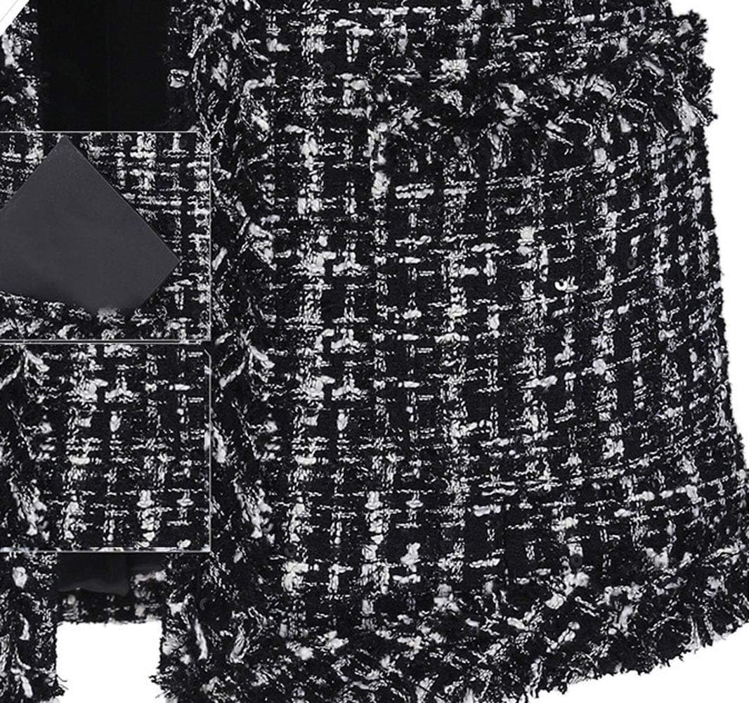 Women's Collarless Plaid Tweed Blazer Elegant Open Front Fringed Casual Business Glitter Jacket - Image 3