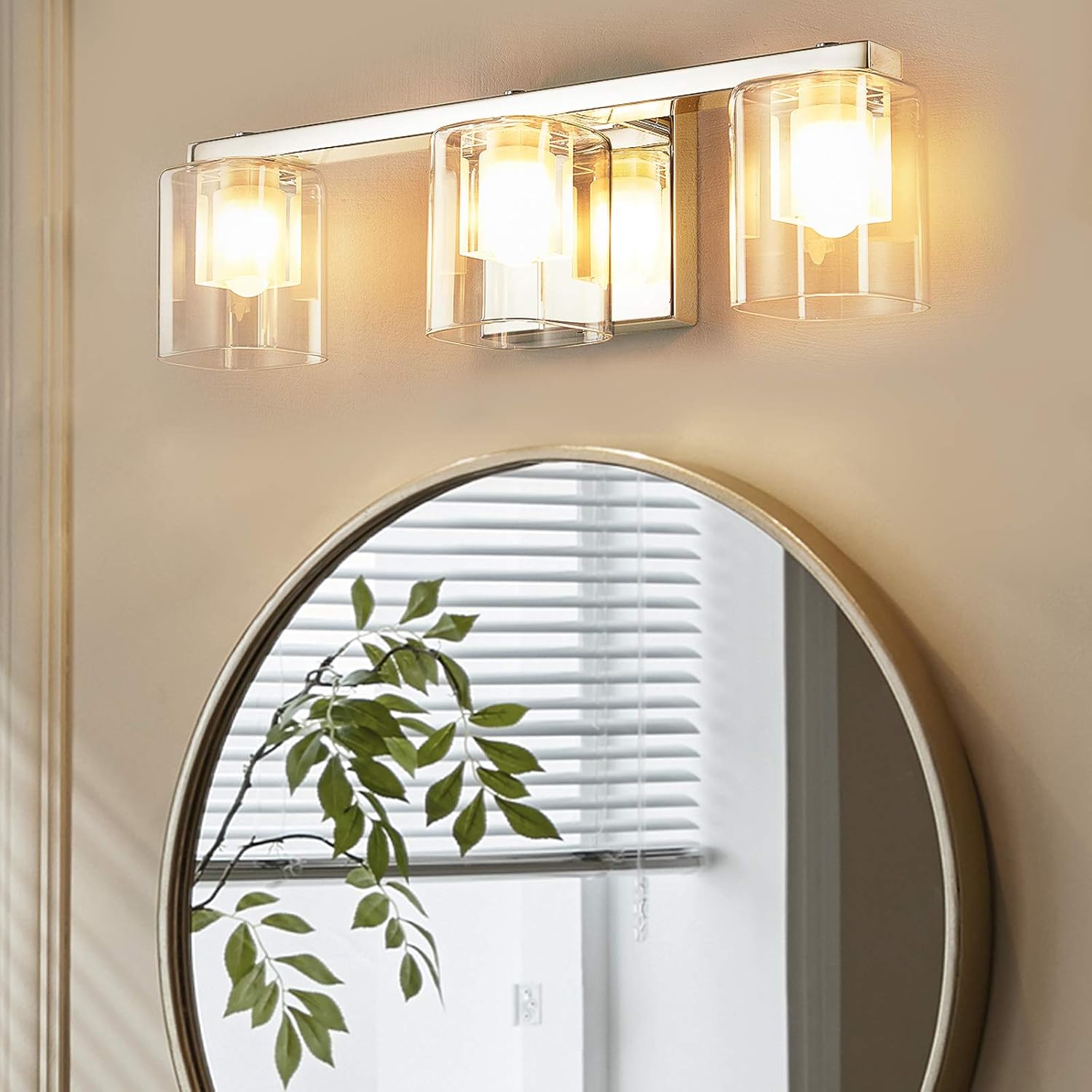 Crazy Clearance DRNANLIT Bathroom Vanity Light Fixtures Chrome Bath Wall Lights with Crystal+Clear Square Glass Double Layered Shade, Modern Wall Sconces Lighting for Bedroom Office Mirror Cabinets(3-Light)