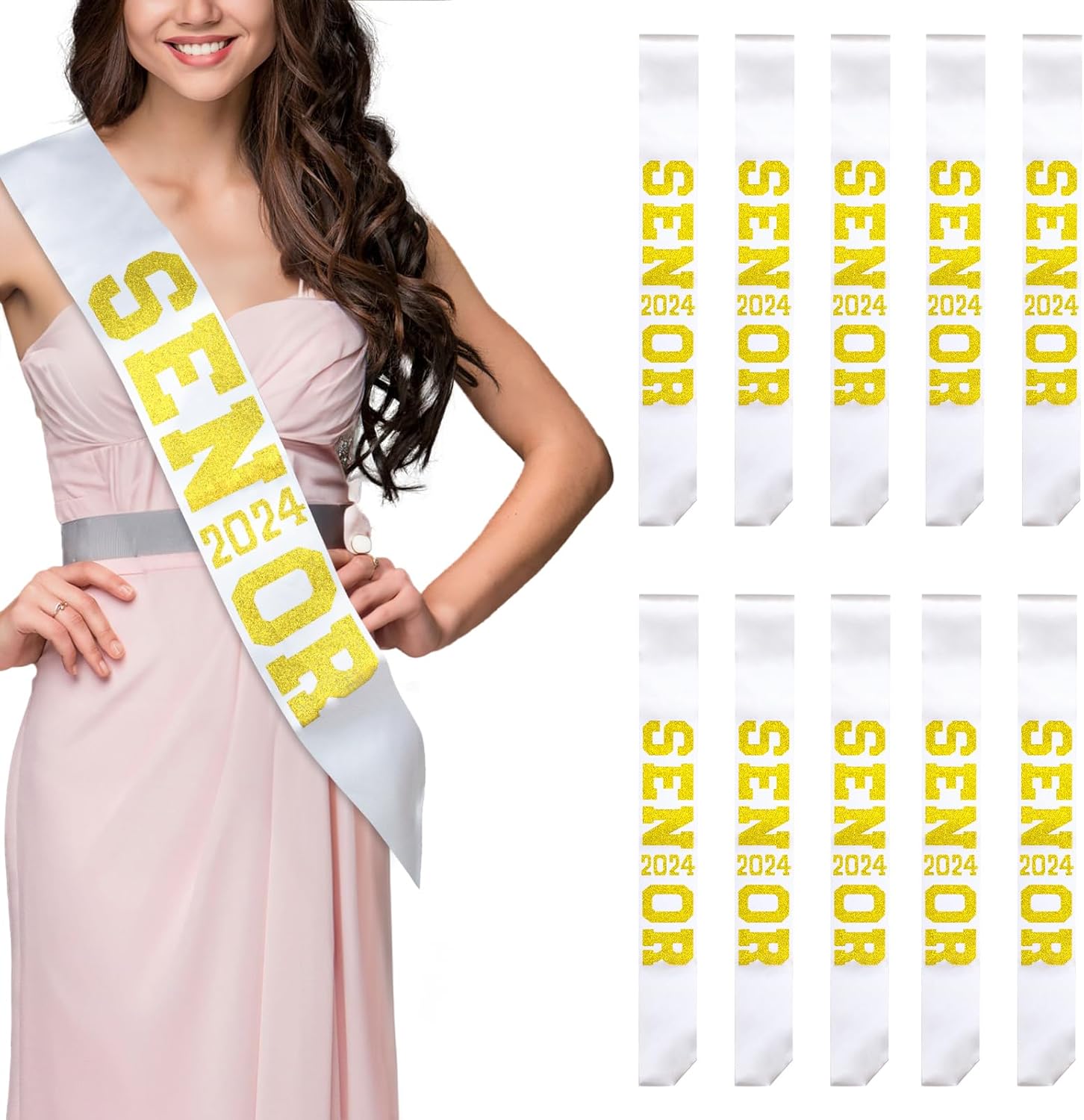 Vansonana 10Pcs White Senior 2024 Satin Sashes with Gold