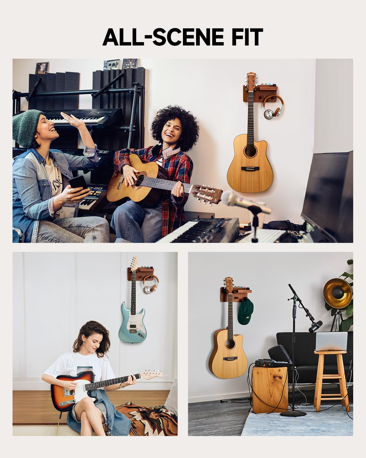 Donner Porta Chitarra da Muro con Porta-plettro e 3 Ganci, Appendi Chitarra da Muro per Elettrica, Acustica, Basso, Ukulele