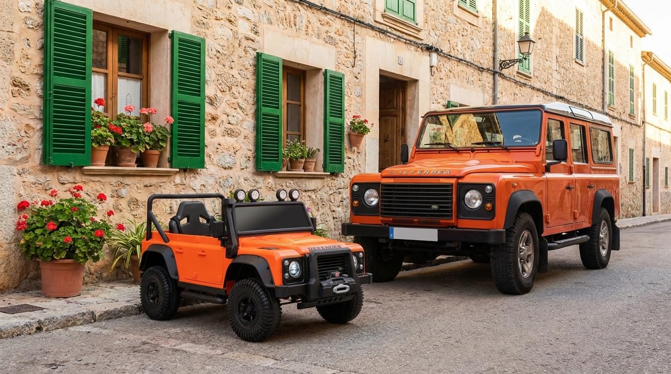Elektryczny samochód dla dzieci Land Rover Defender 110 SVX 12V, pomarańczowy, skrzynia biegów 4X4, reflektory LED, zawieszenie przednie i tylne, pilot 2,4 GHz, wejście USB/Aux, Bluetooth, bateria
