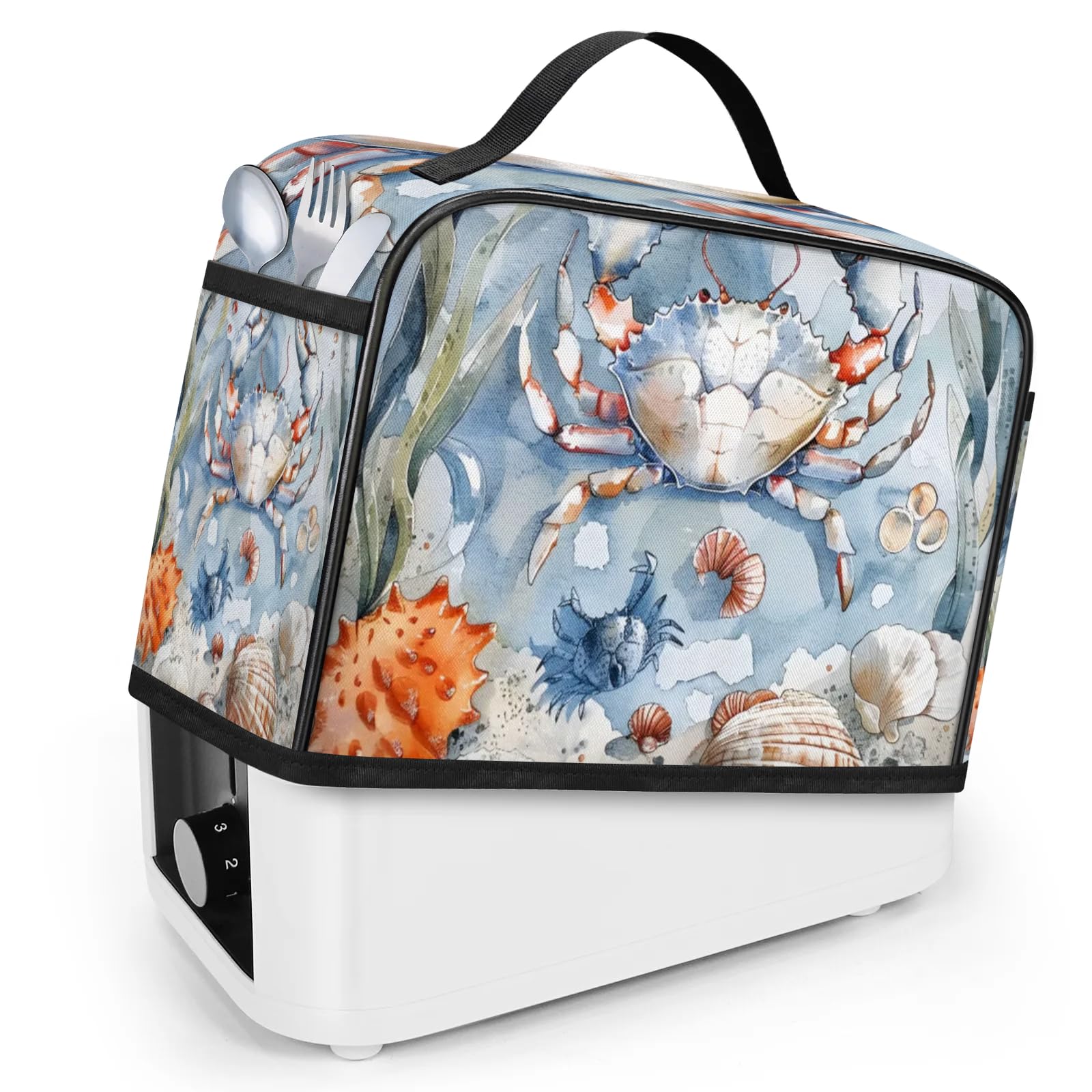 Mintoprints Nautical Coastal 4 Slice Toaster Cover with Pockets and Top Handle Dust and Fingerprint Protection, Machine Washable, Crab Starfish Seashell