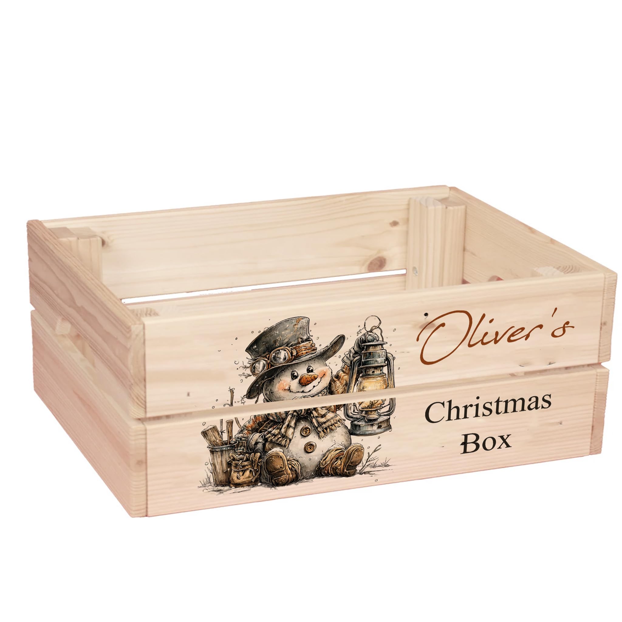 ukgiftstoreonline Personalised Christmas Eve Box with Santa, Trees, Reindeer, Snowman Designs, Wooden Storage Crate, 30.5 x 25 x 12 cm, Holiday Presentation Box with Side Handles (Snowman-4)
