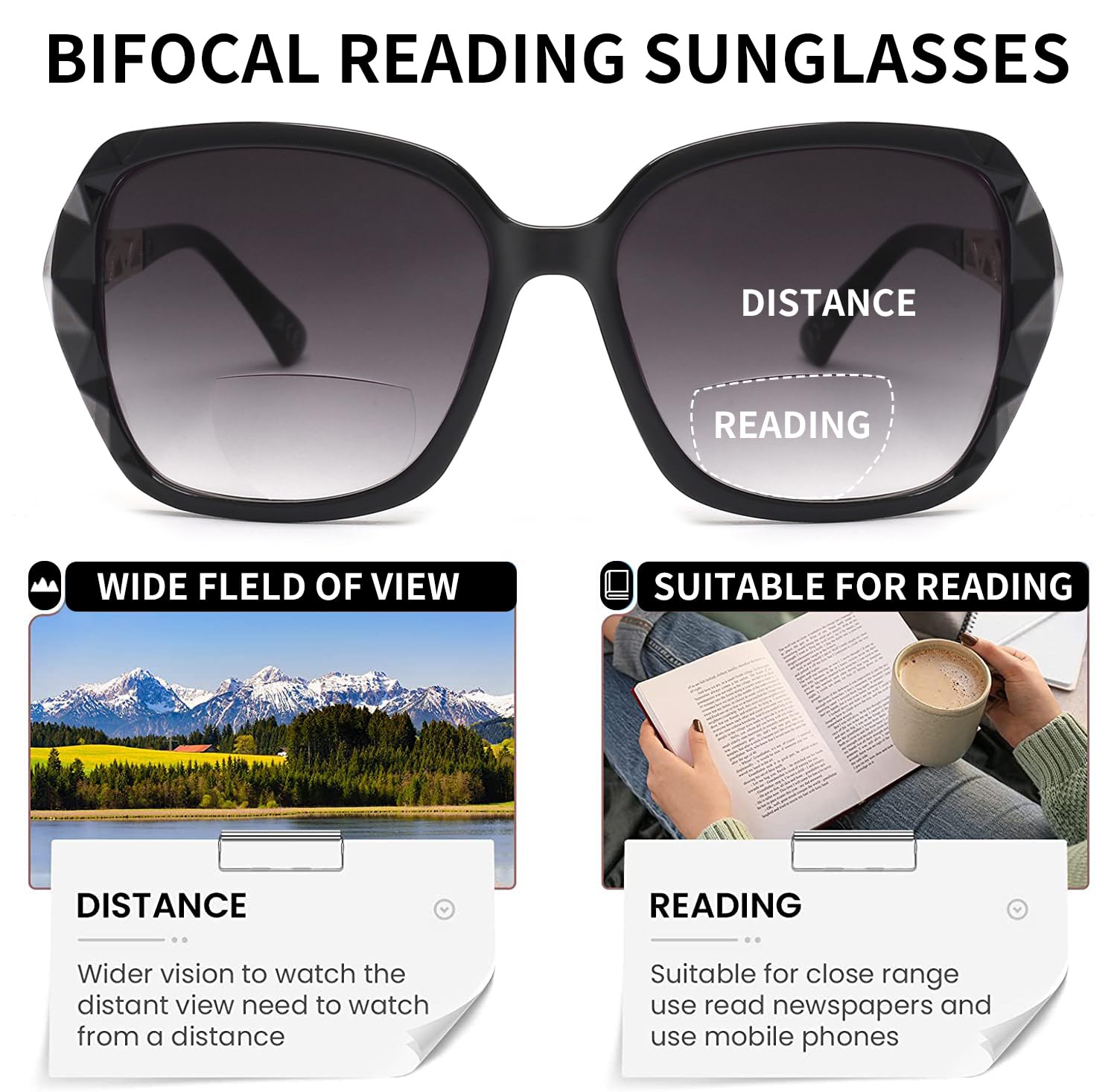 JM Bifocal Reading Sunglasses, Oversized Sun Reader Glasses for Women UV Protection Outdoor Black +2.5, übergroß - Image 3