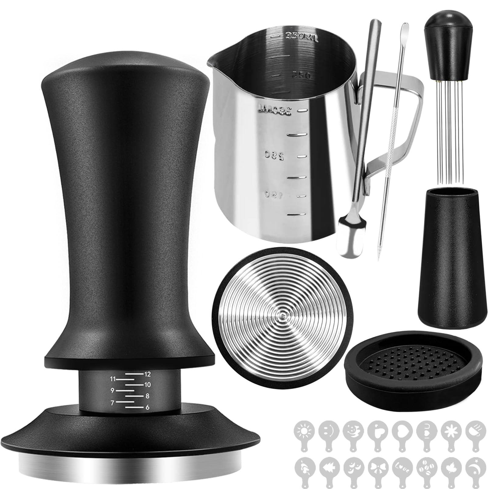 Barista Zubehör Set 22-teilig mit Tamper 51mm & WDT Tool - Umfassendes Siebträger Zubehör inkl. Tamper Matte, Aufschäumkrug, Latte Art Stift & Schablonen für Espressomaschinen (Oval-004E)