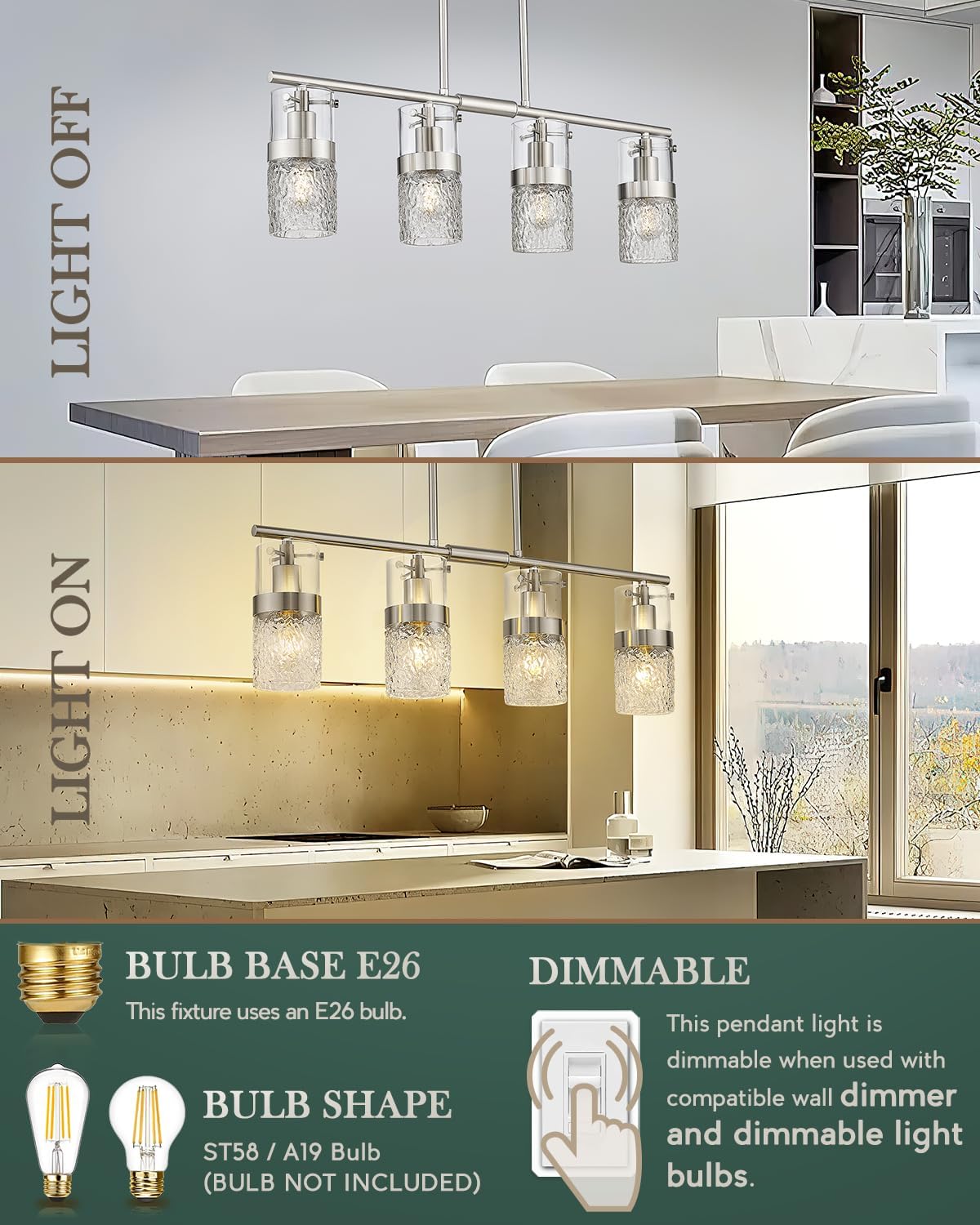 LMS 4-Light Brushed Nickel Island Chandelier Lights for Kitchen, Mid Century Pendant Light with Hammered Glass Shade, Farmhouse Dining Room Light Fixture, Kitchen Island, LMS-171BN-4