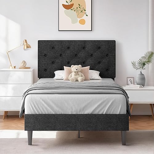 HOMBCK - Base de cama tamaño individual con cabecera ajustable, base de cama tapizada en lino con listones de madera, bases de cama individuales