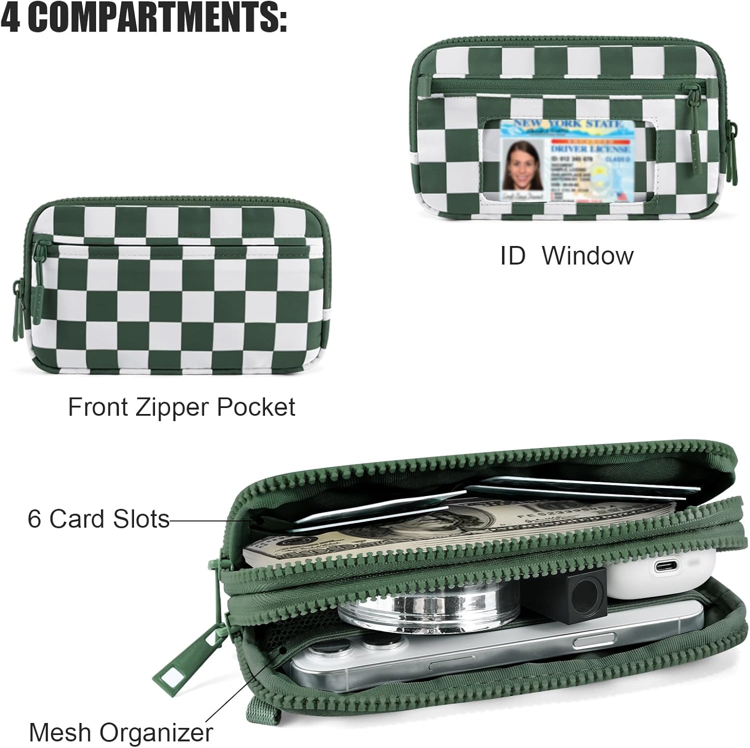 Checkered WristleWallets for Women, RFID Wallet Crossbody with 4 Zippers, Credit Card Holder Cell Phone Organizer - Image 5