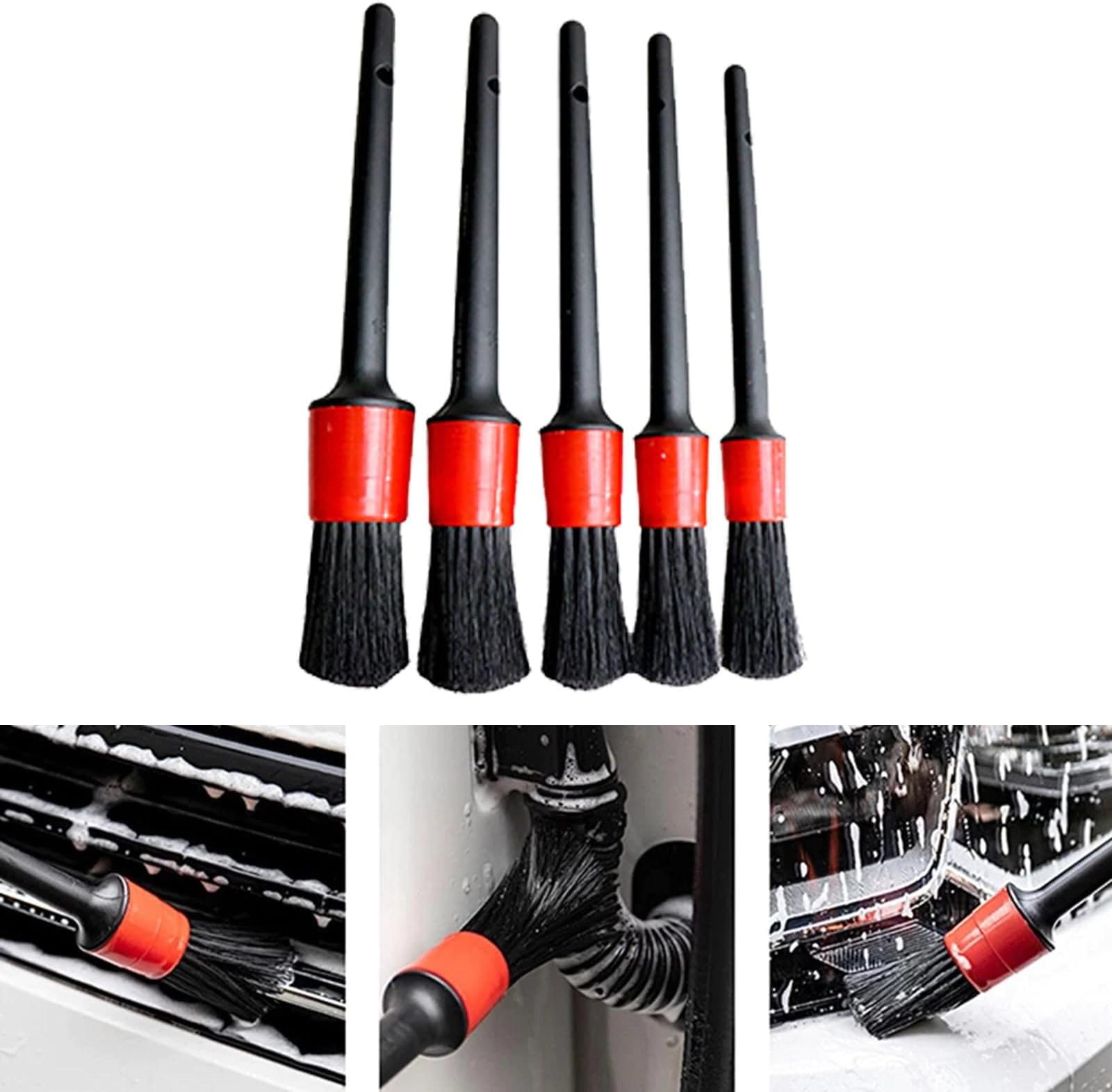 AUGEN Detailing Brush For Car, Computer Any Electronic Gadgets Long Soft Durable Metal Bristle Cleaning Detailing Brush Dashboard Air Outlet Wheel (1Set 5Pcs)