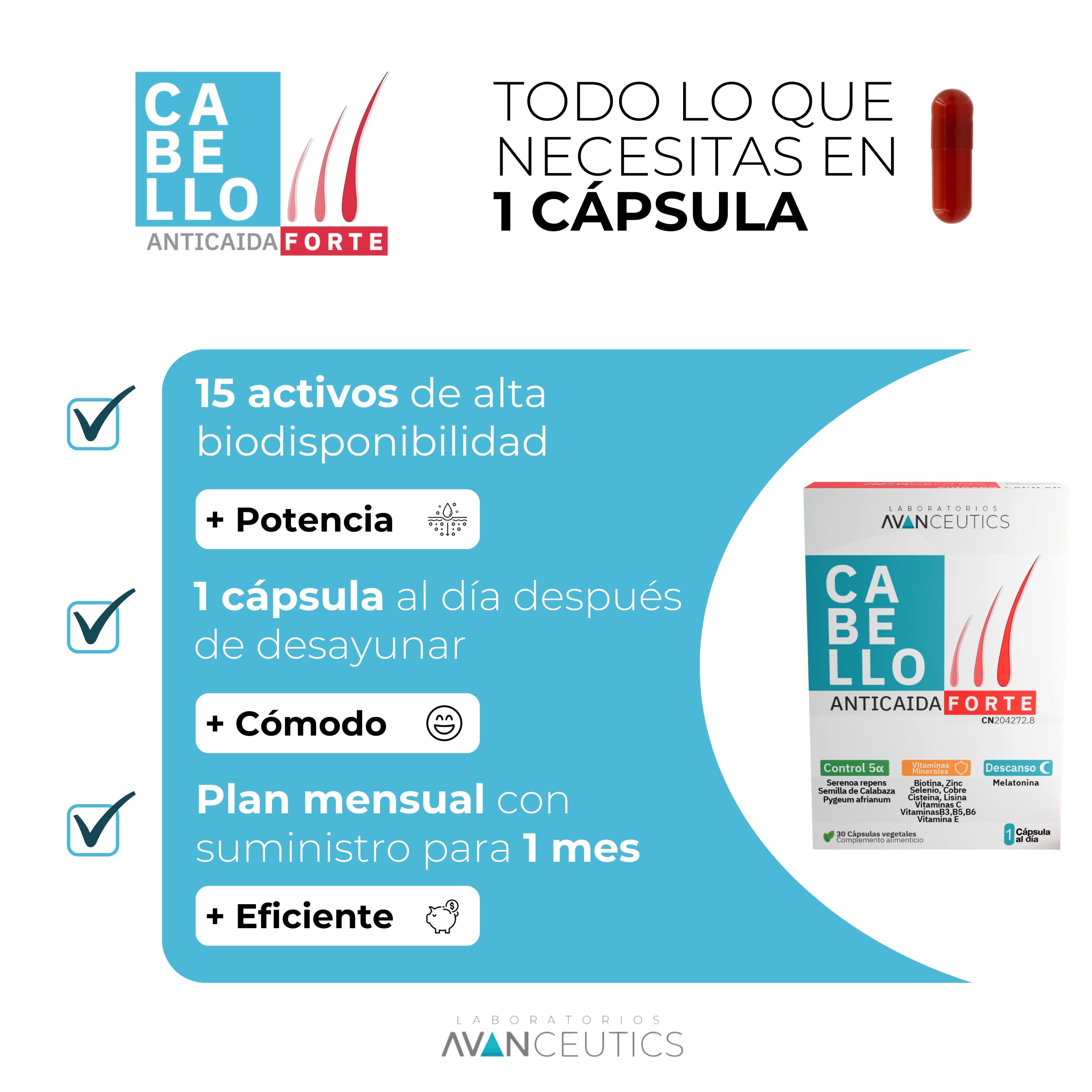Vitaminas para el Cabello Anticaída con Biotina, Serenoa Repens y Melatonina | 15 Activos Naturales para el Crecimiento del Pelo Mujer y Hombre| Pack 3 Meses 90 cápsulas veganas | Avanceutics