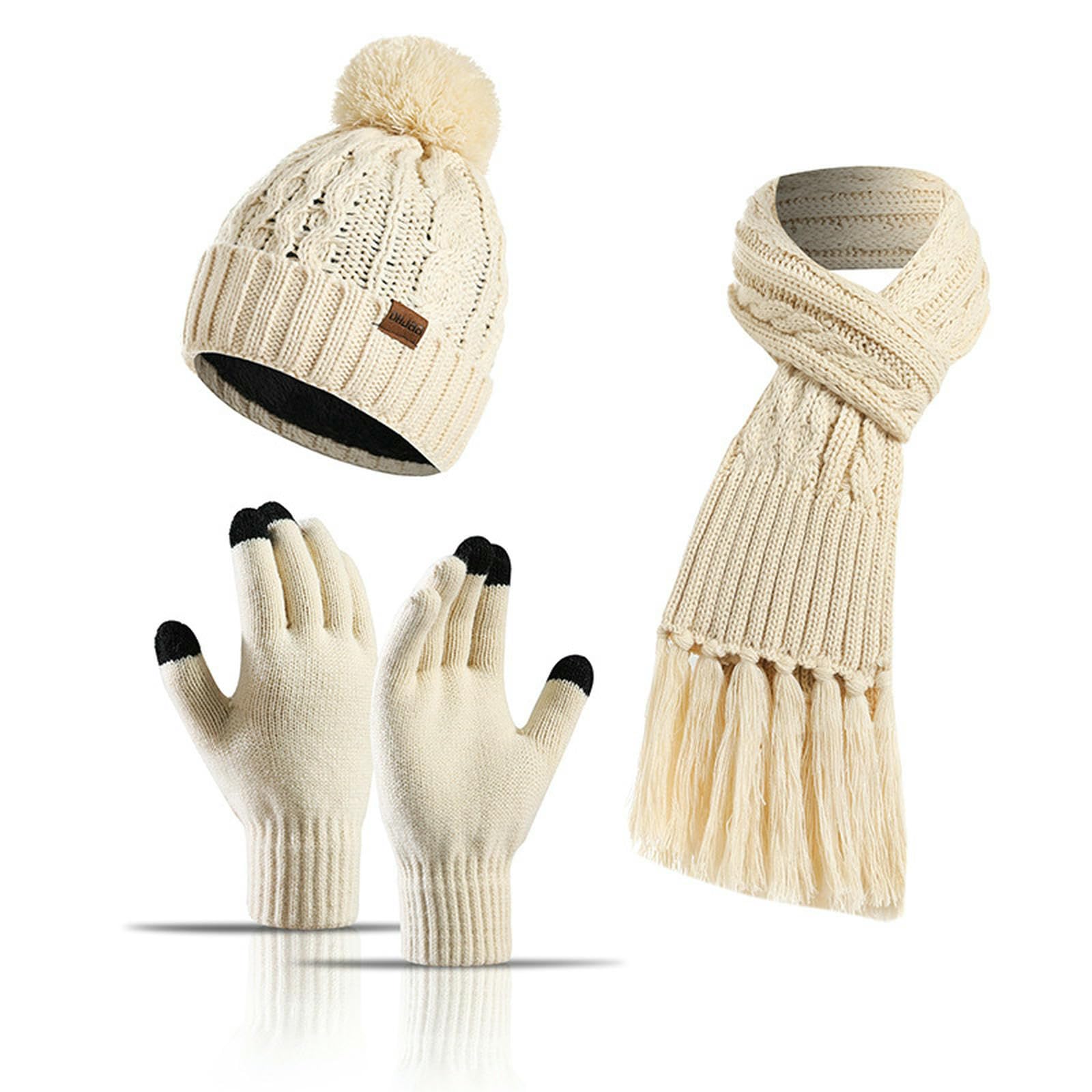 Wintermütze Schal Handschuhe Set Winter-Strickwolle, Bunte Mütze, Dicker Schal, Touchscreen-Handschuhe, Dreiteiliges Set-schwarz