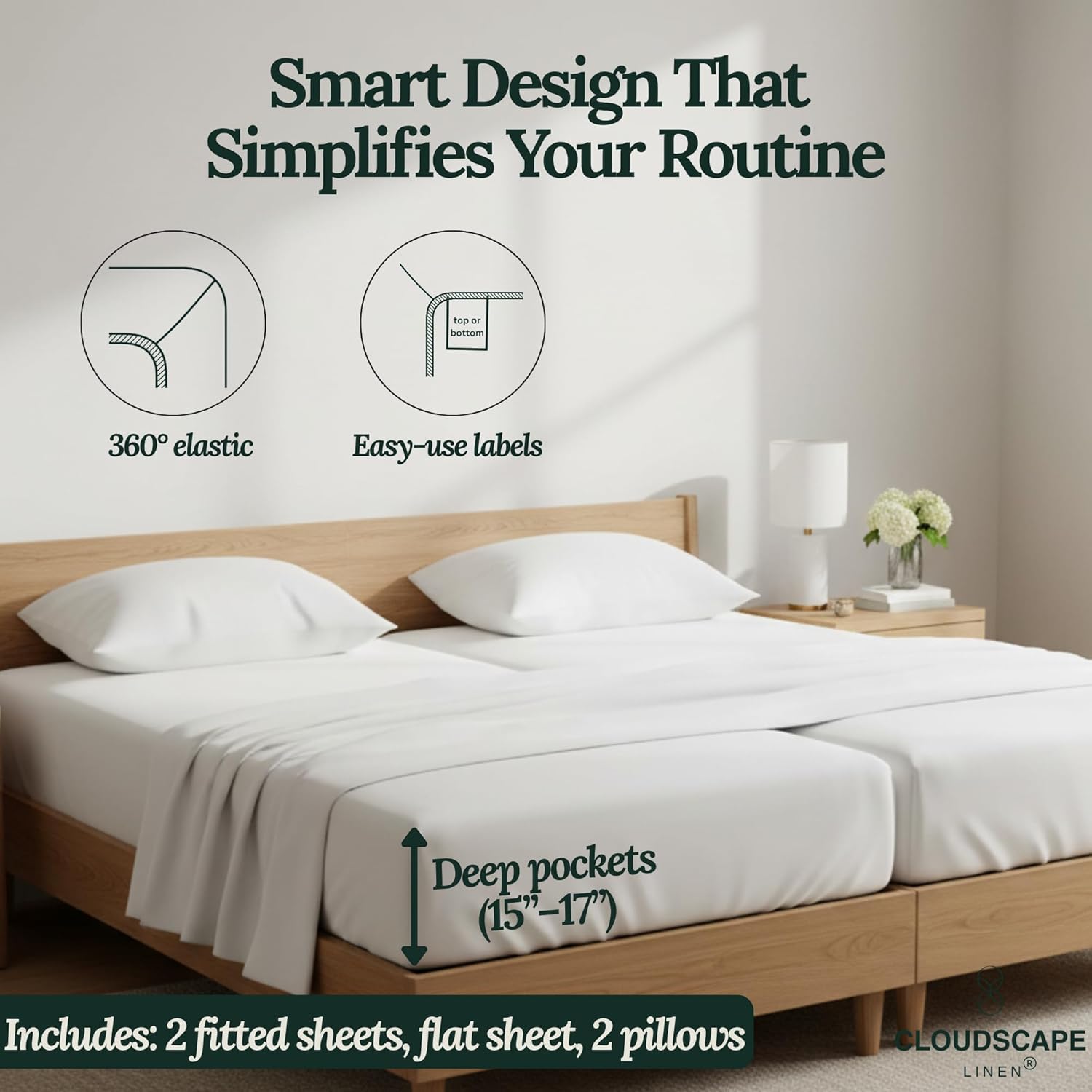 CLOUDSCAPE LINEN Split King Sheets Set Egyptian Cotton Bedding 5-Piece - Cooling Sateen Weave Cotton Sheet Set for Bed - Durable Long Staple Dual-Ply - Fits 17" Deep Mattress - White