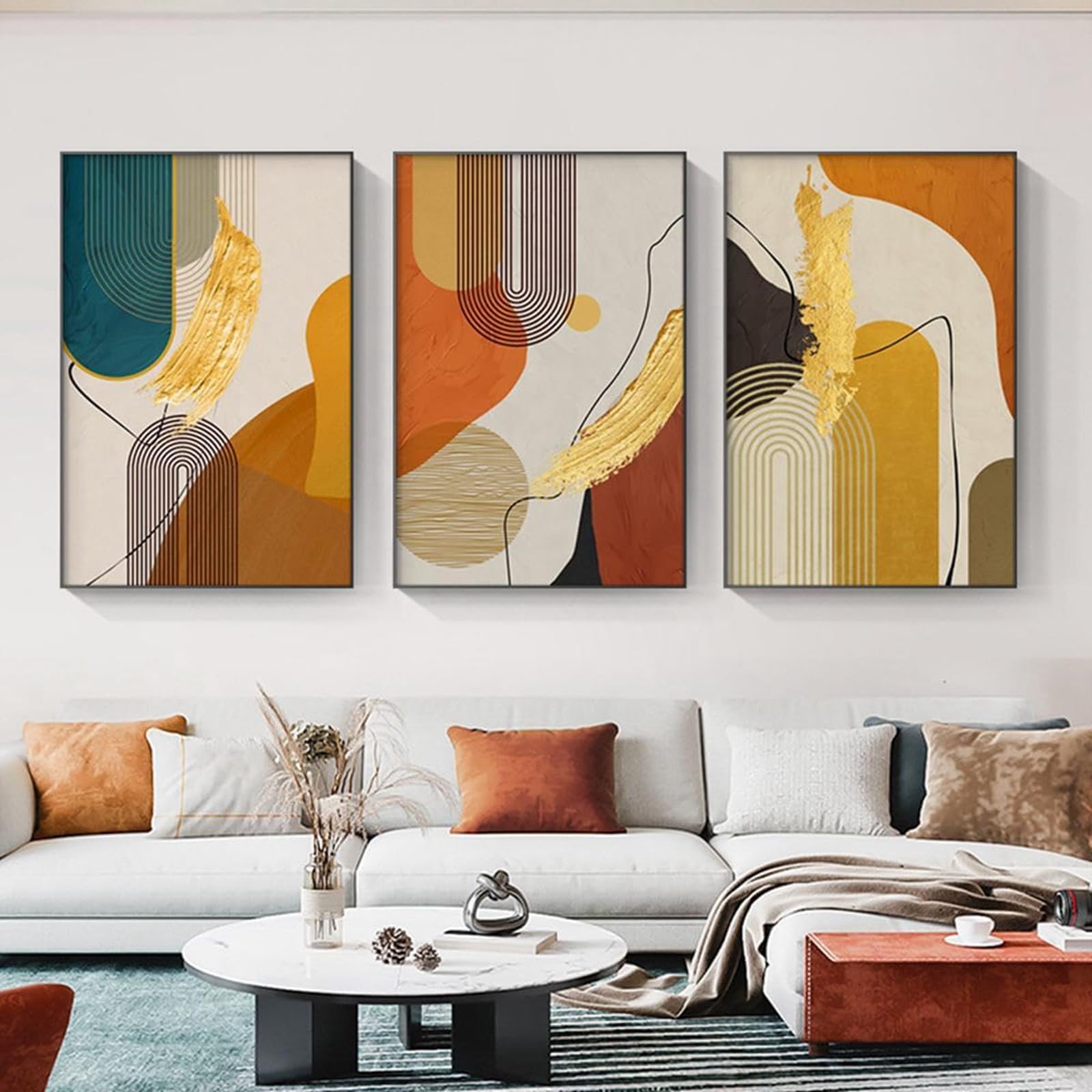 Tableaux Decoratifs Muraux Abstraites Ligne Géométrique Orange Jaune Impression sur Toile Affiche Tableau Decoration Murale Salon,pour Salon et Chambre à Coucher Deco Maison (Sans Cadre,3X60X80CM)