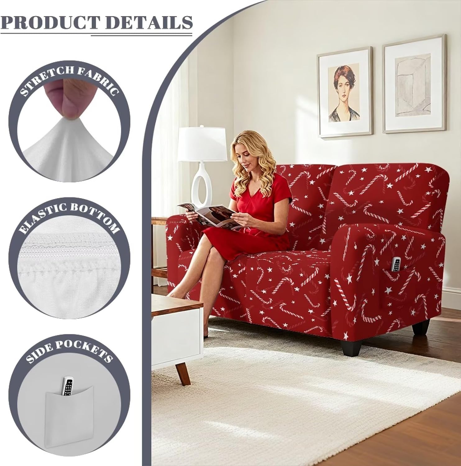 6 Pieces Covers for Recliner, Candy Loveseat Stretch 2 Seater Sofa Slipcovers Washable Couch Cover Elastic Furniture Protector for Christmas Living Room Easy to Install