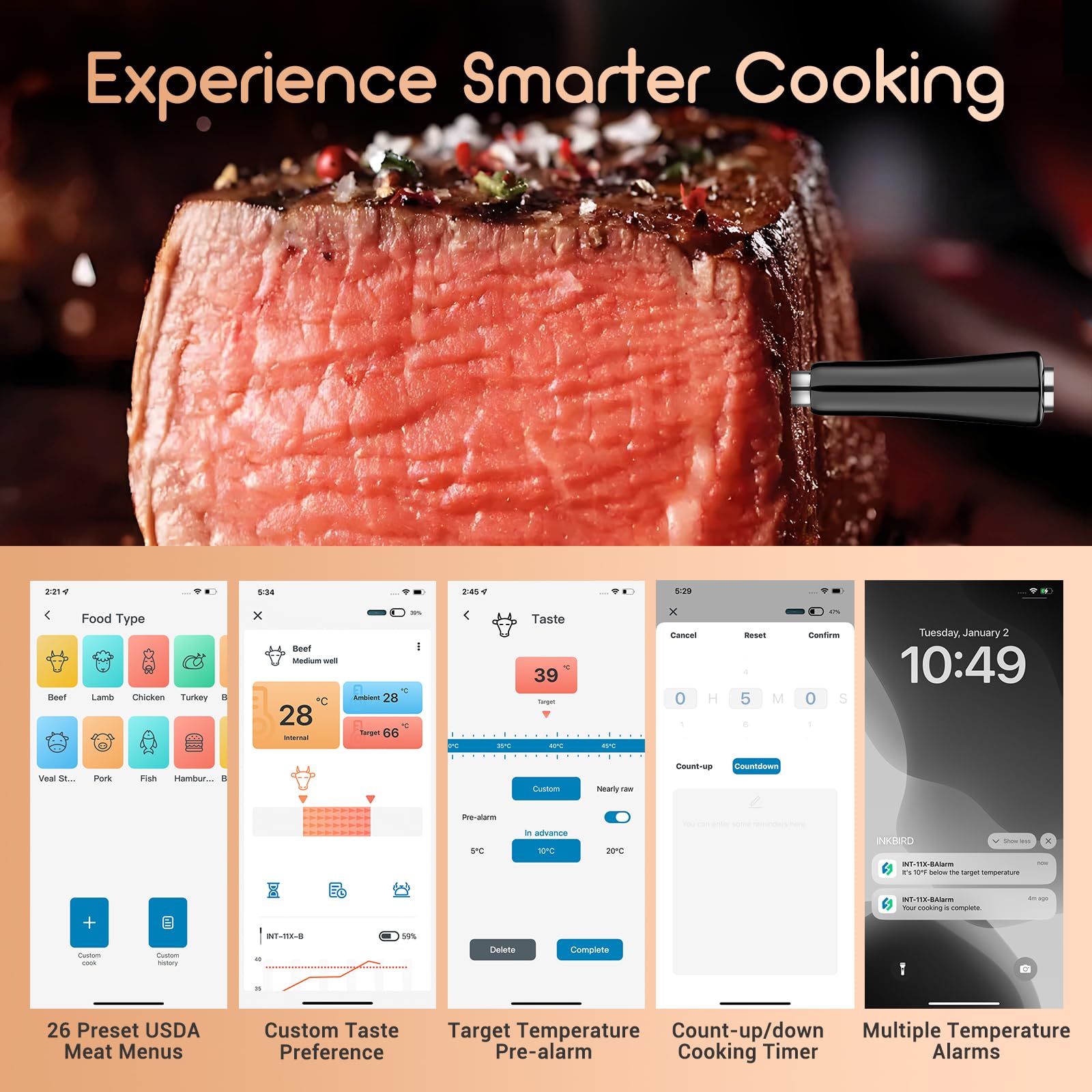 INKBIRD Termometro Cucina Wireless senza fili,Termometro Carne Bluetooth per Forno Grigliate Barbecue BBQ