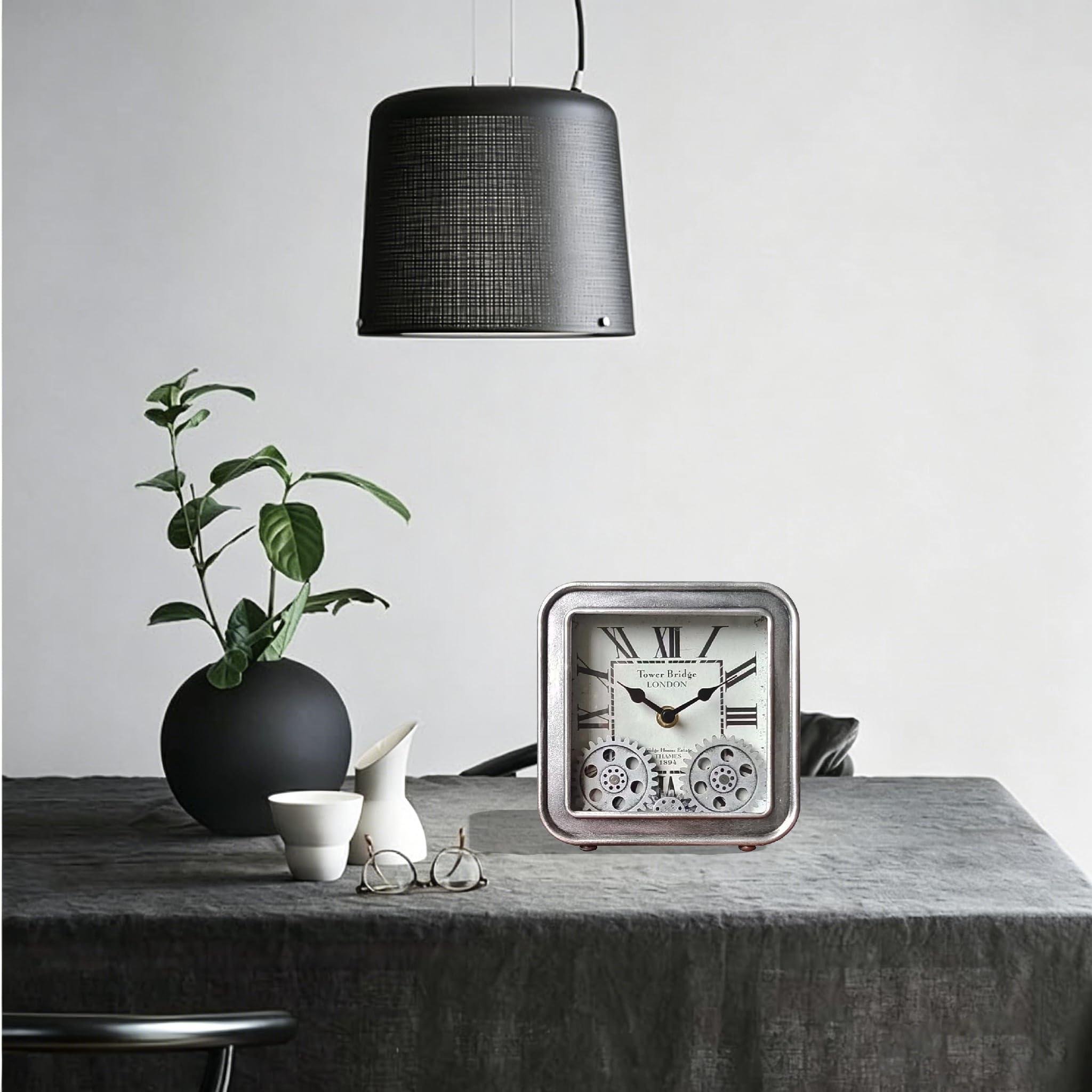 Kwadratowy zegar biurkowy w stylu vintage, metalowe zegary stołowe z ruchomymi przekładniami, cichy, nietykający, retro, industrialny, steampunkowy, kwarcowy, do domu, biura, salonu, dekoracja