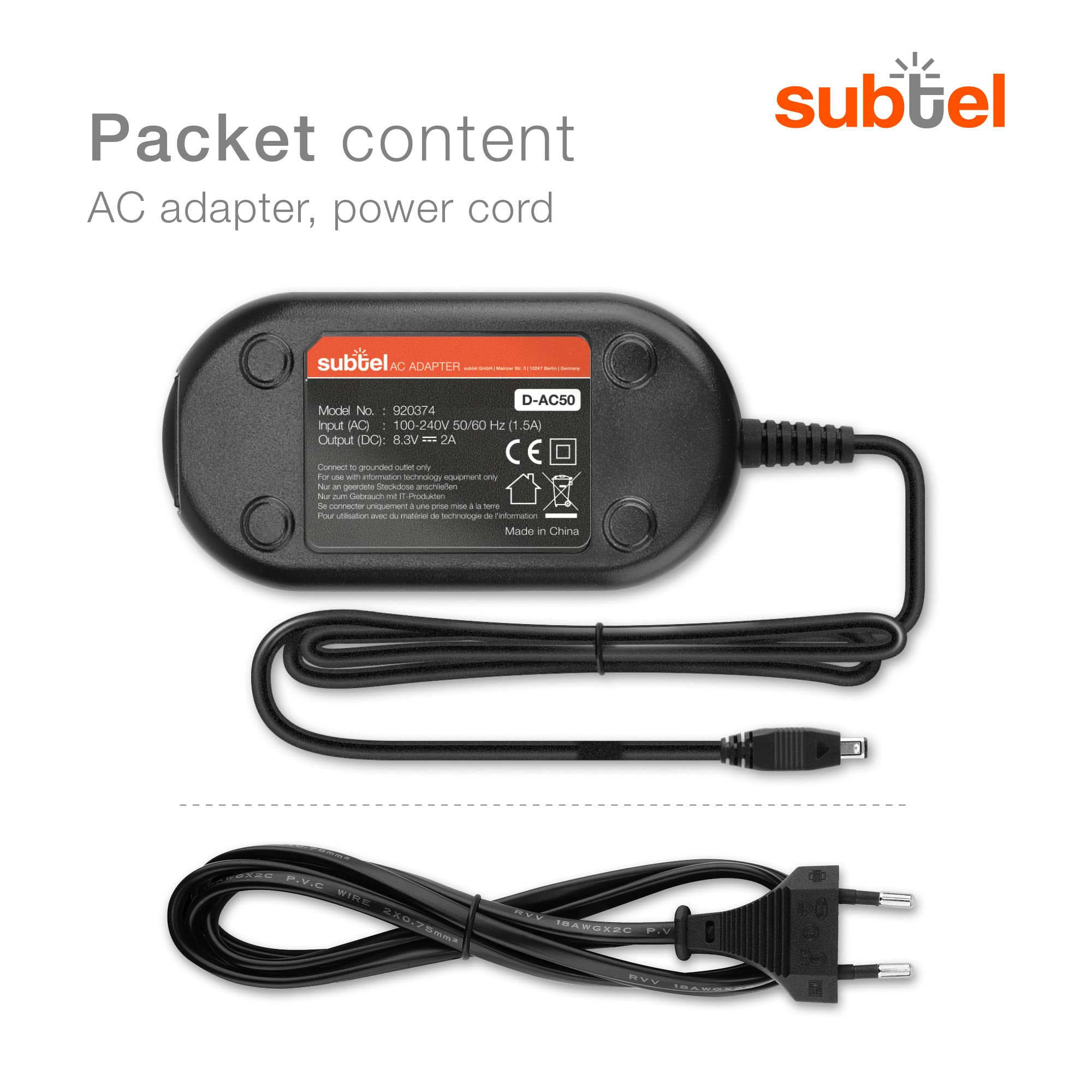 subtel Netzadapter kompatibel mit Pentax K-3, K-5, K10D, K20D, K-1 | K-AC50 K-AC132 K-AC132E D-AC50 D-AC132, ca. 2,5m, 100-240V, Kontinuierliche Kamera Stromversorgung, für Pentax K-5 II, K-7
