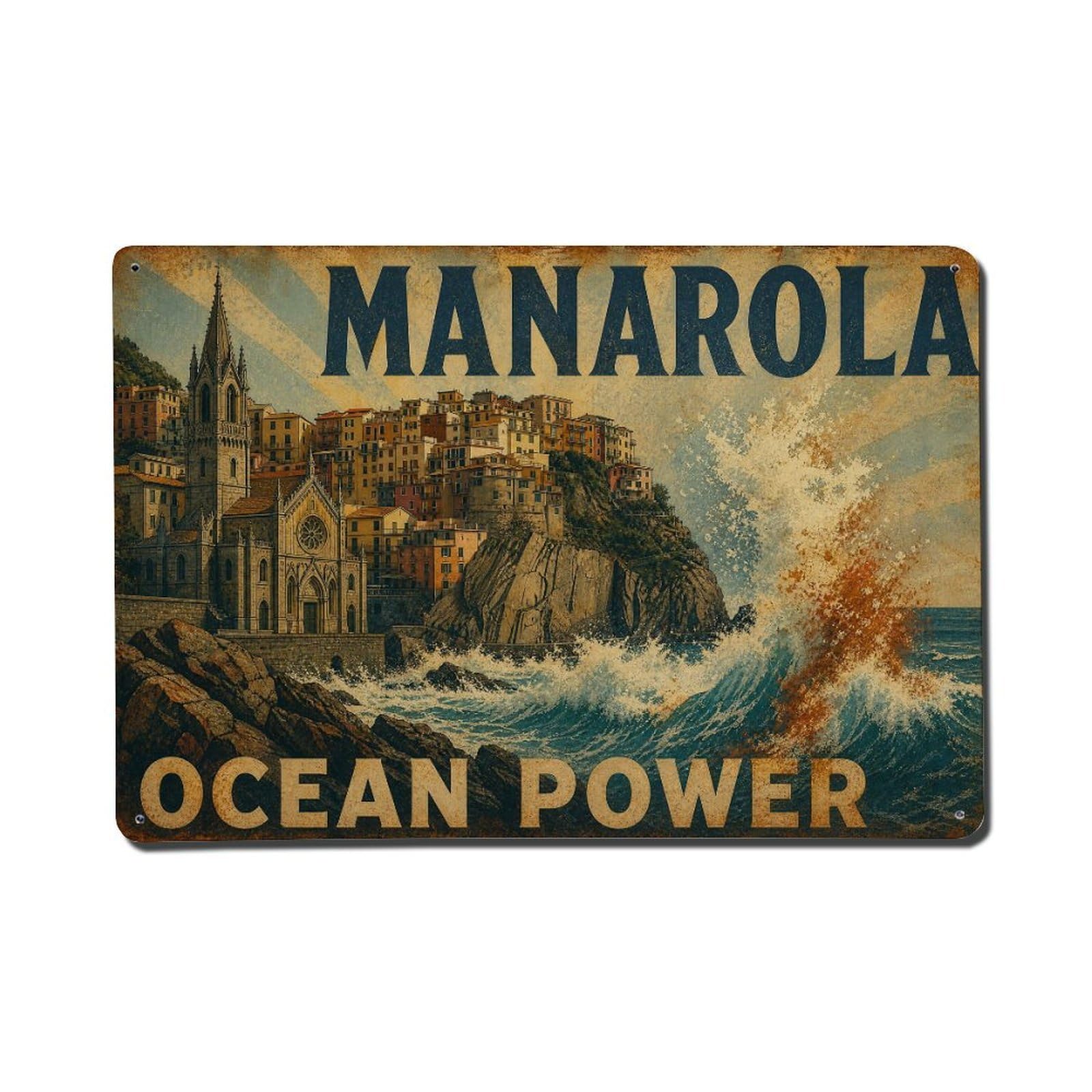 Vintage Travel Manarola Coastal Rocks Wave Splash Italy Metal Tin Sign