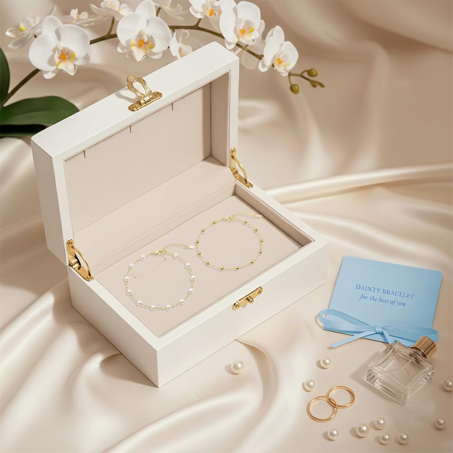 Dreamfox 24PCS 8 Set Bridesmaid Gift Pearl Bracelets for Women 18K Gold Bracelets Bulk Surgical Stainless Steel Bridesmaid Jewelry for Wedding Party Favor