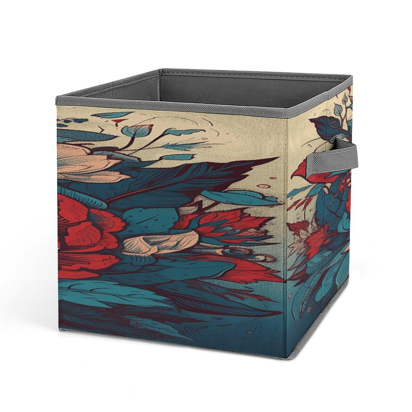 Fodpand Style Flowers With Leaves Storage Cubes Foldable Decorative Fabric, Storage Bins Baskets With Handles, Closet Organizers And Storage For Home, Office,Closet, Clothes