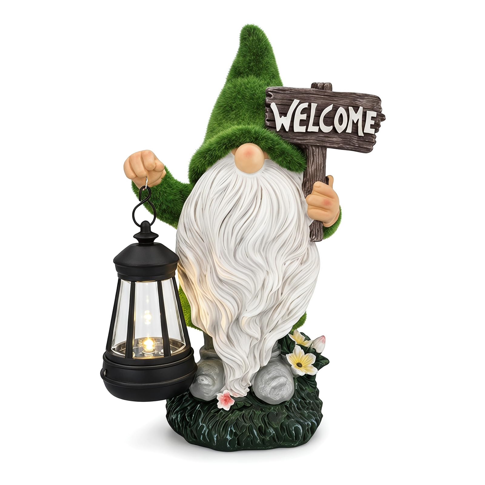 Cmtuuy Garden Gnomes Ornaments, Resin Flocked Gnome Statue with Solar Lights, Weatherproof Outdoor Sculptures for Lawn Patio Yard Decor, Garden Decorations & Gifts For Women (Style 3)
