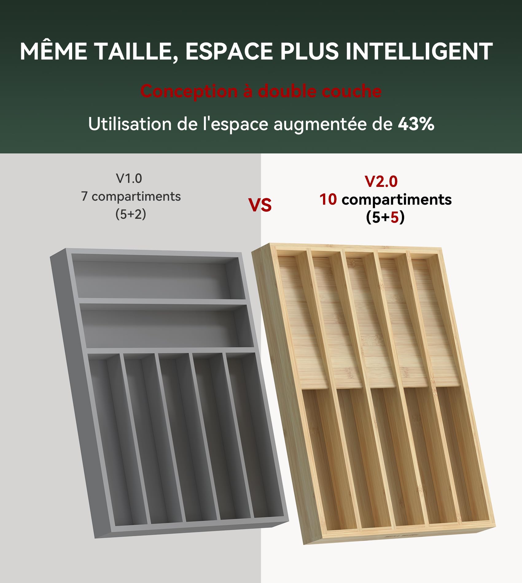 WELL WENG Cutlery Tray for Bamboo Drawer, Utensils Tray | 16 x 31.5 x 4.2 cm, 10 Compartments Kitchen Organisation, Storage for Tableware for Spoons/Forks/Knives