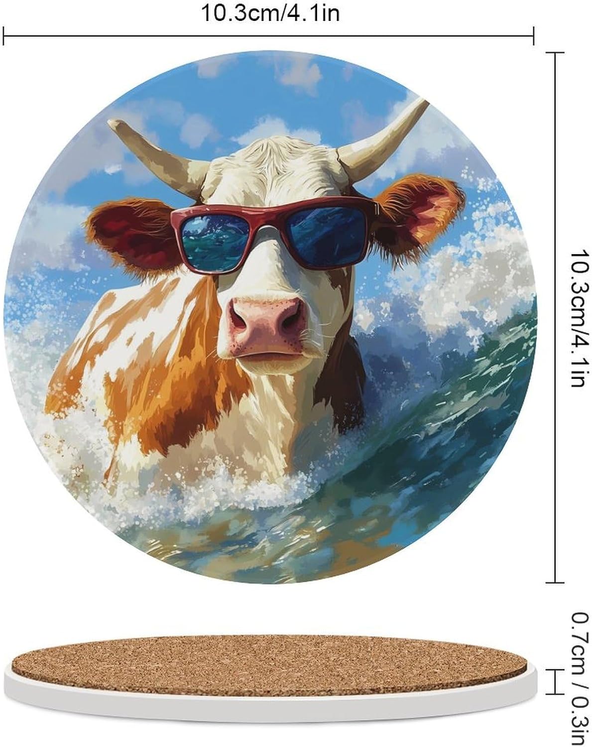 Surfing Cow Waves Round Ceramic Coasters Print Drinks Absorbent with Cork Base for Home Decor Gifts 4 Inch