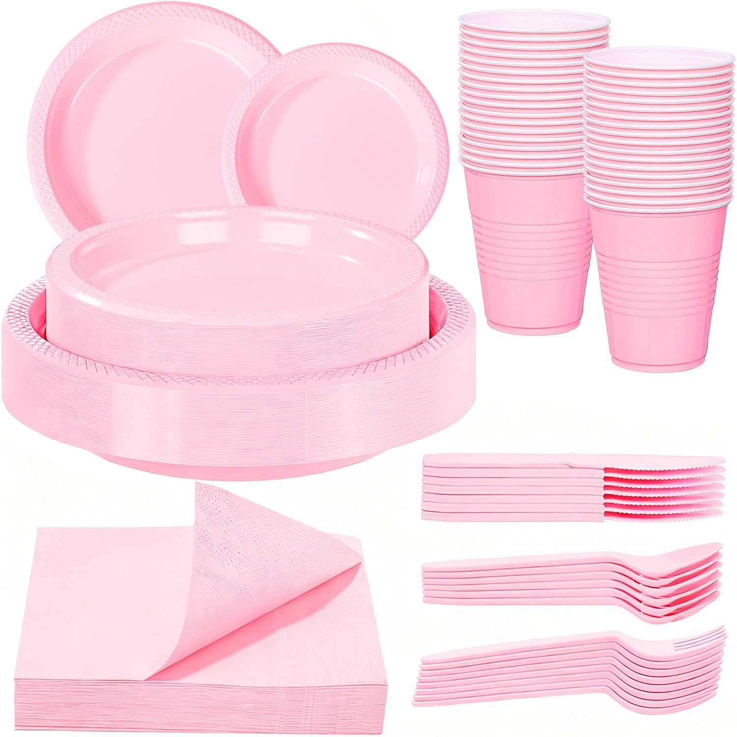 WELLIFE 210 PCS Pink Plastic Plates for 30 Guests - Disposable Dinnerware Set Including Dinner Plates, Dessert Plates, 12oz Cups, Cutlery & Napkins, Pink Party Plates for Valentines and Galentines