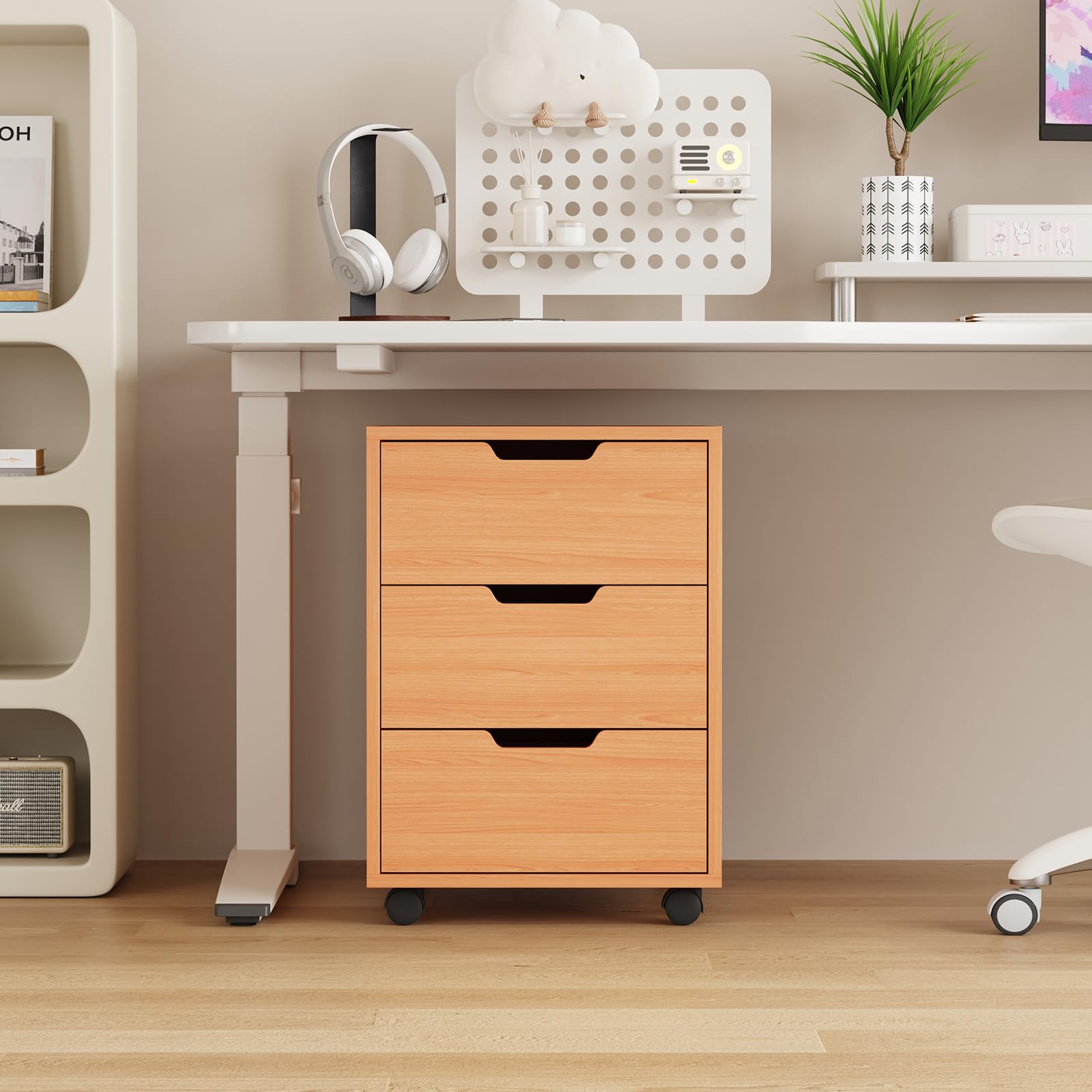 Rangement de Dossiers Mobile avec 3 Tiroirs, Caisson de Bureau en Bois, Meuble Rangement Bureau sur roulettes pour Documents, Caisson de Rangement pour Bureau à Domicile, non Verrouillable, Hêtre